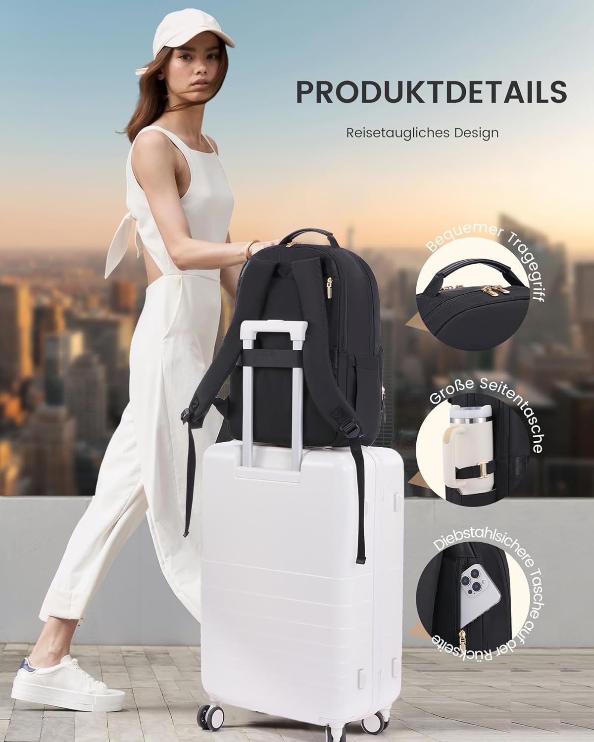 Detalle 2 de LOVEVOOK Damen-Rucksack wasserdicht für 15,6 Zoll Laptop (22 l) mit Flaschen-Seitentasche