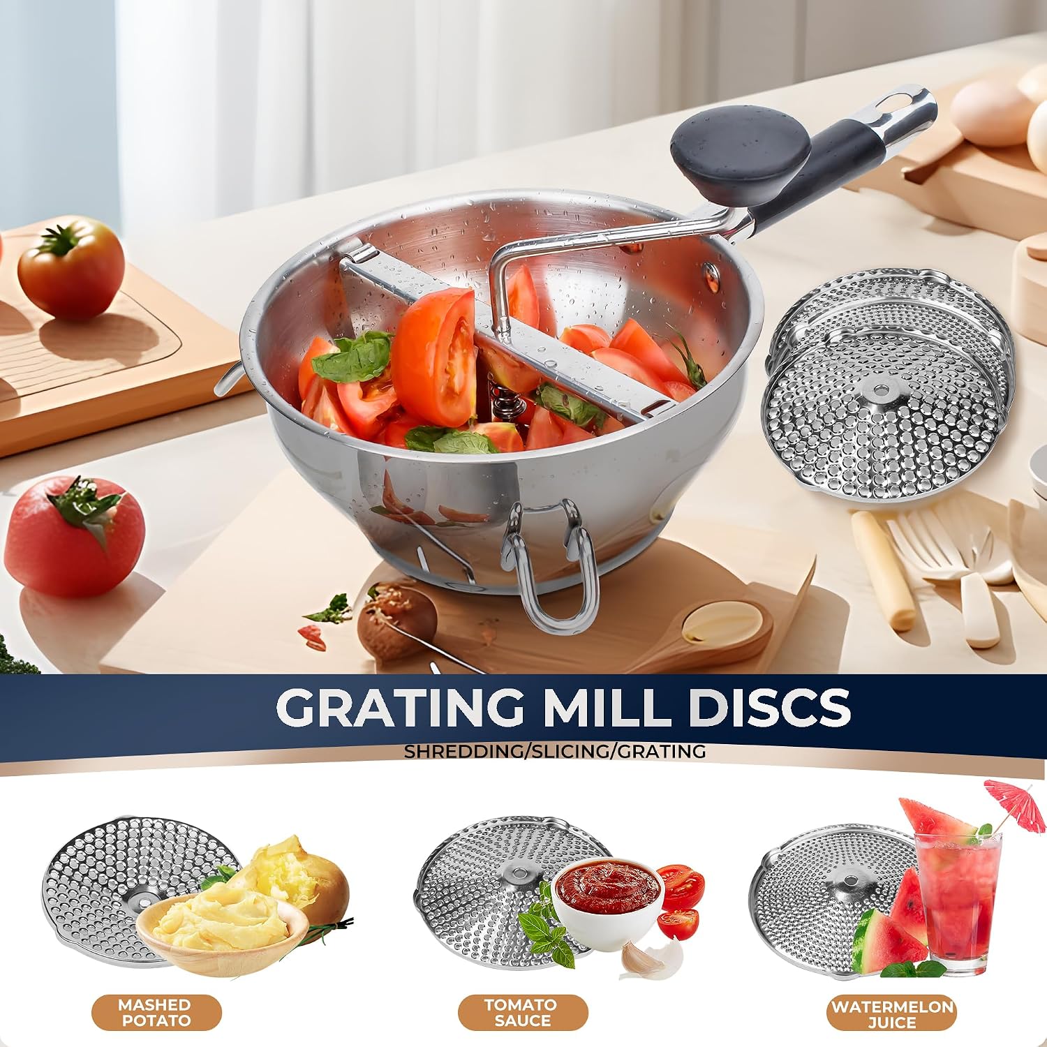 Detalle 2 de Stainless Steel Food Mills with 3 Milling Discs — Ergonomic Rotary Design with Silicone Handle