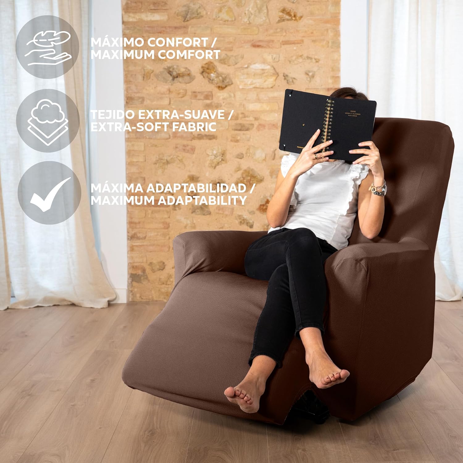 Thumbnail 4 de Teide 1 Posto: Copripoltrona Relax Reclinabile in Tessuto Elasticizzato, Marrone 70–100 cm