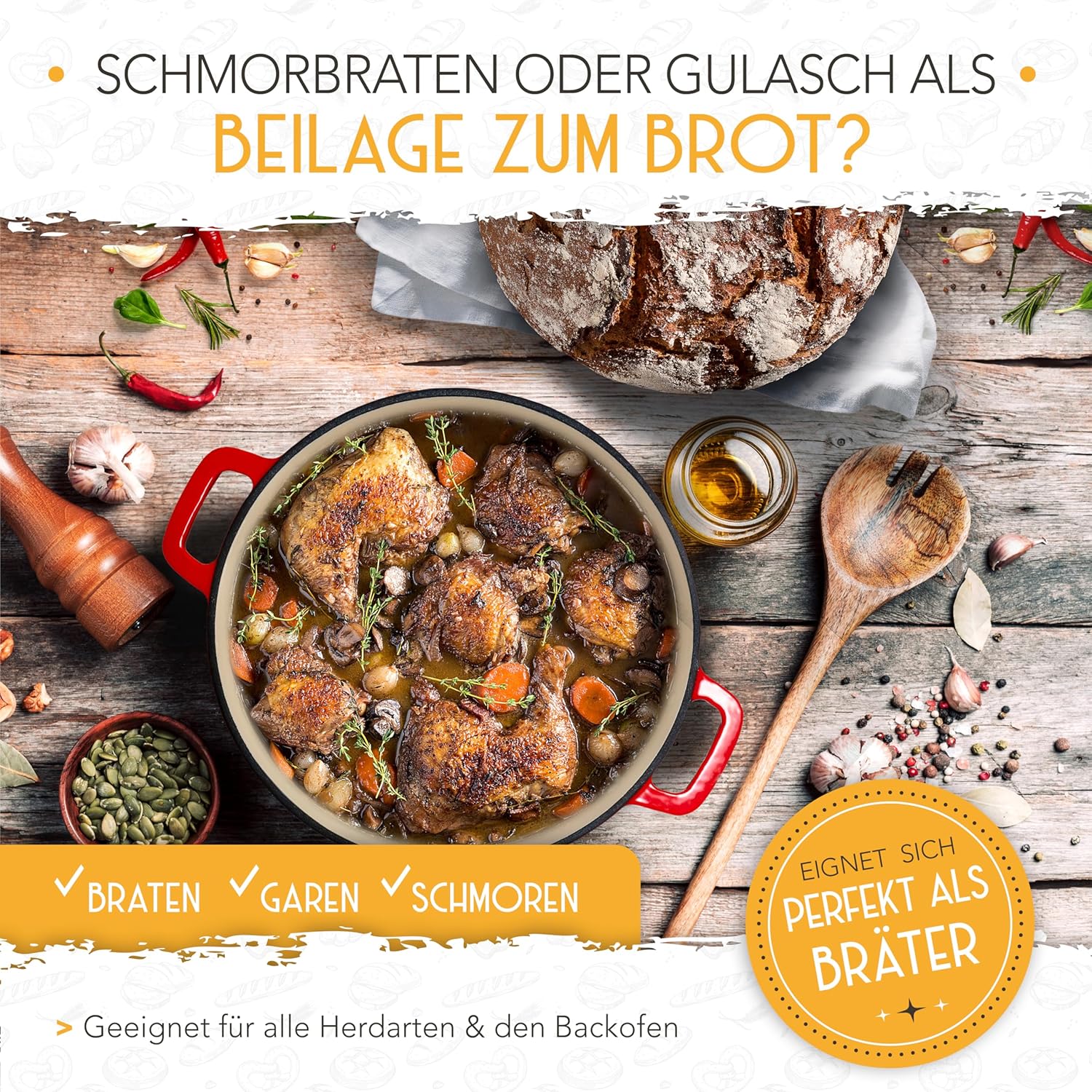 Detalle de KRUSTENZAUBER Gusseisen Topf 26 cm inkl. Gärkorb – Emaille Brotbacktopf zum Brotbacken