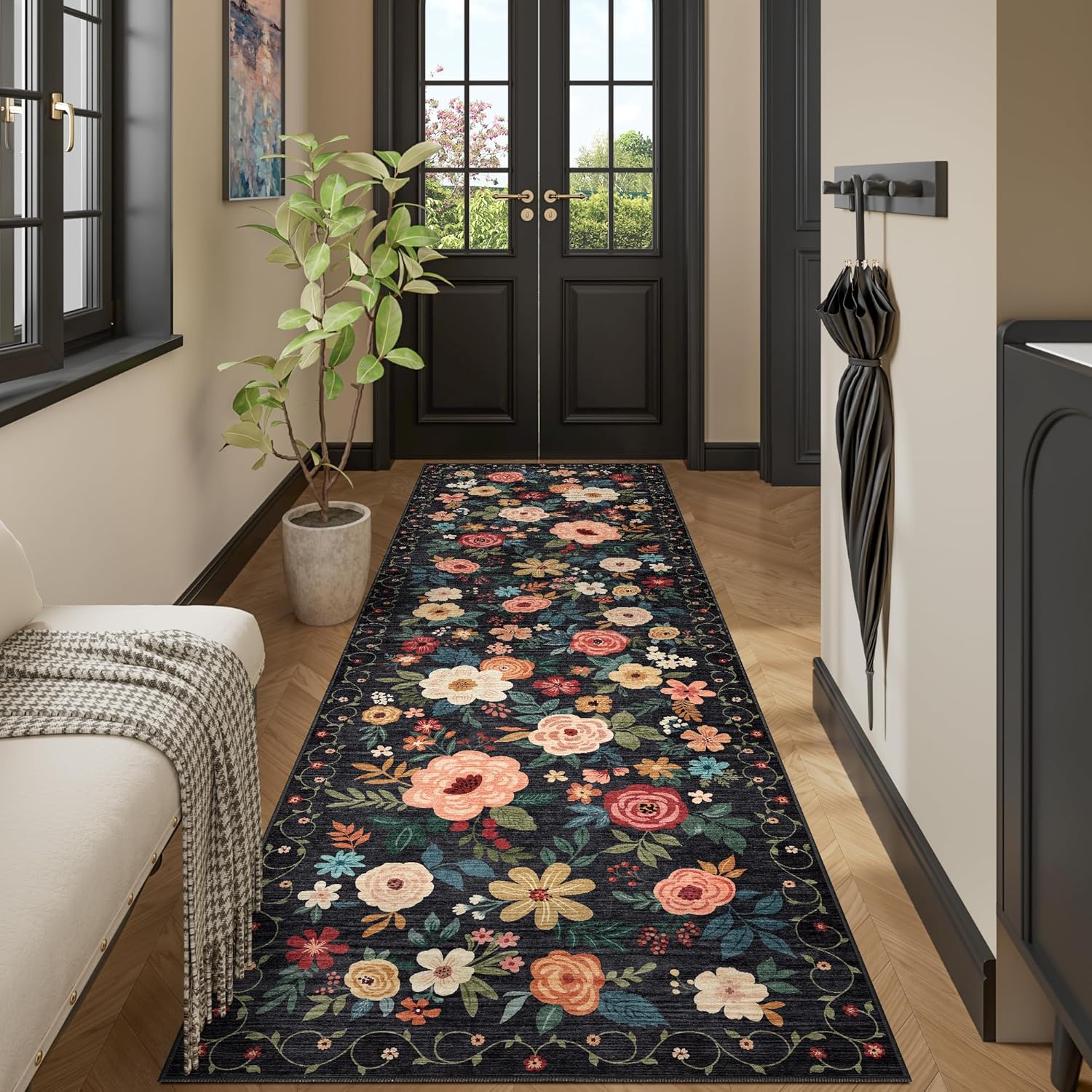 Thumbnail 2 de DUKINO Runner Rug (2x10) with Non Slip TPR Backing, Washable Low Pile Boho Floral for Kitchen & Entryway