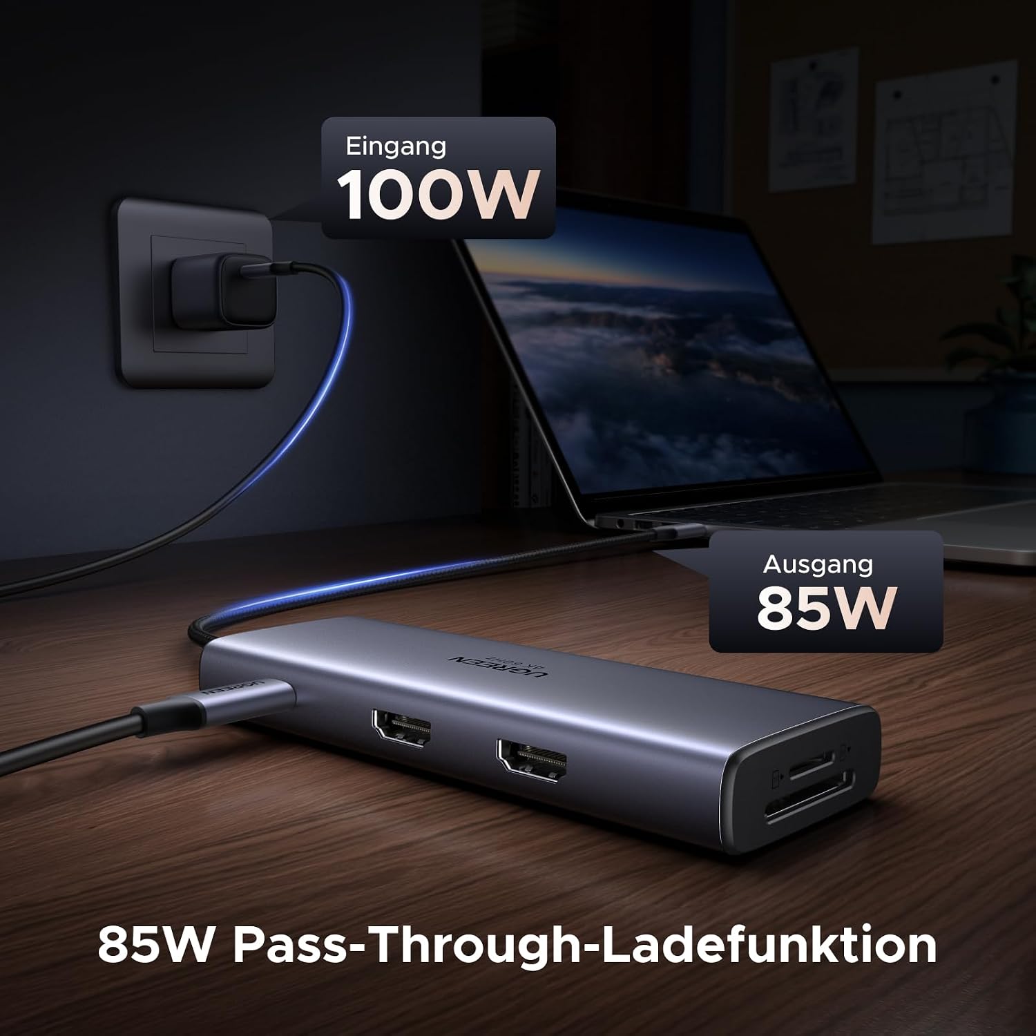 Detalle de UGREEN Revodok USB C Hub: Dual HDMI, SD/TF-Kartenleser und 100 W PD – kompakt, flexibel und zuverlässig