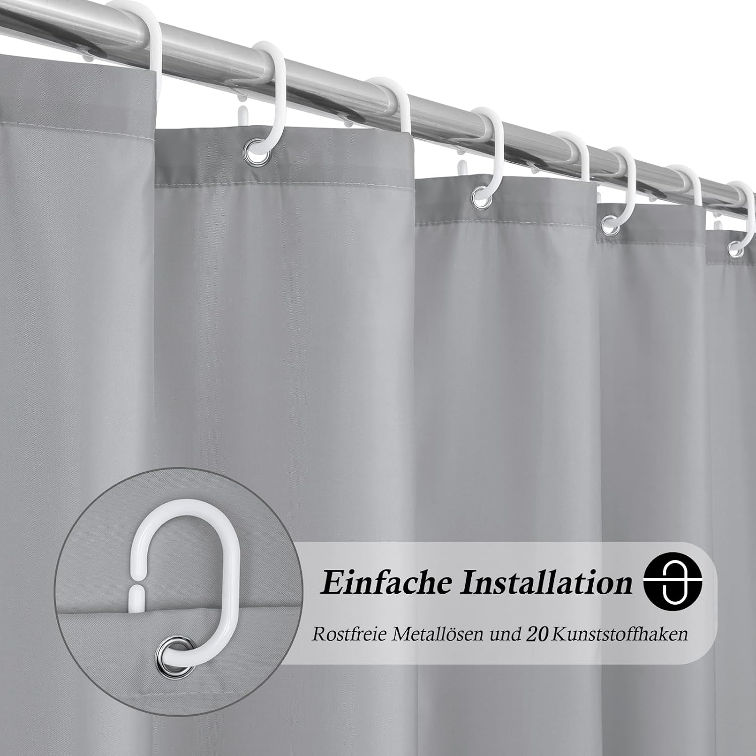 Detalle 2 de Extra Breiter Duschvorhang 300x200 cm – Grau, wasserdichtes Polyester, 20 Ösen & 20 Haken