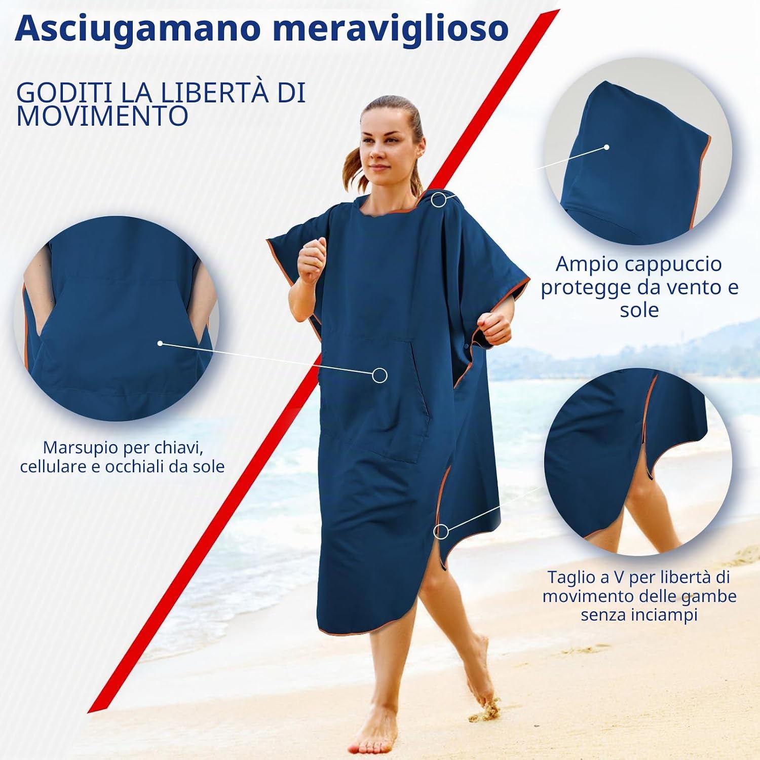 Detalle de KUOGAS Poncho da bagno per uomo 117x88 cm in microfibra Blu Scuro