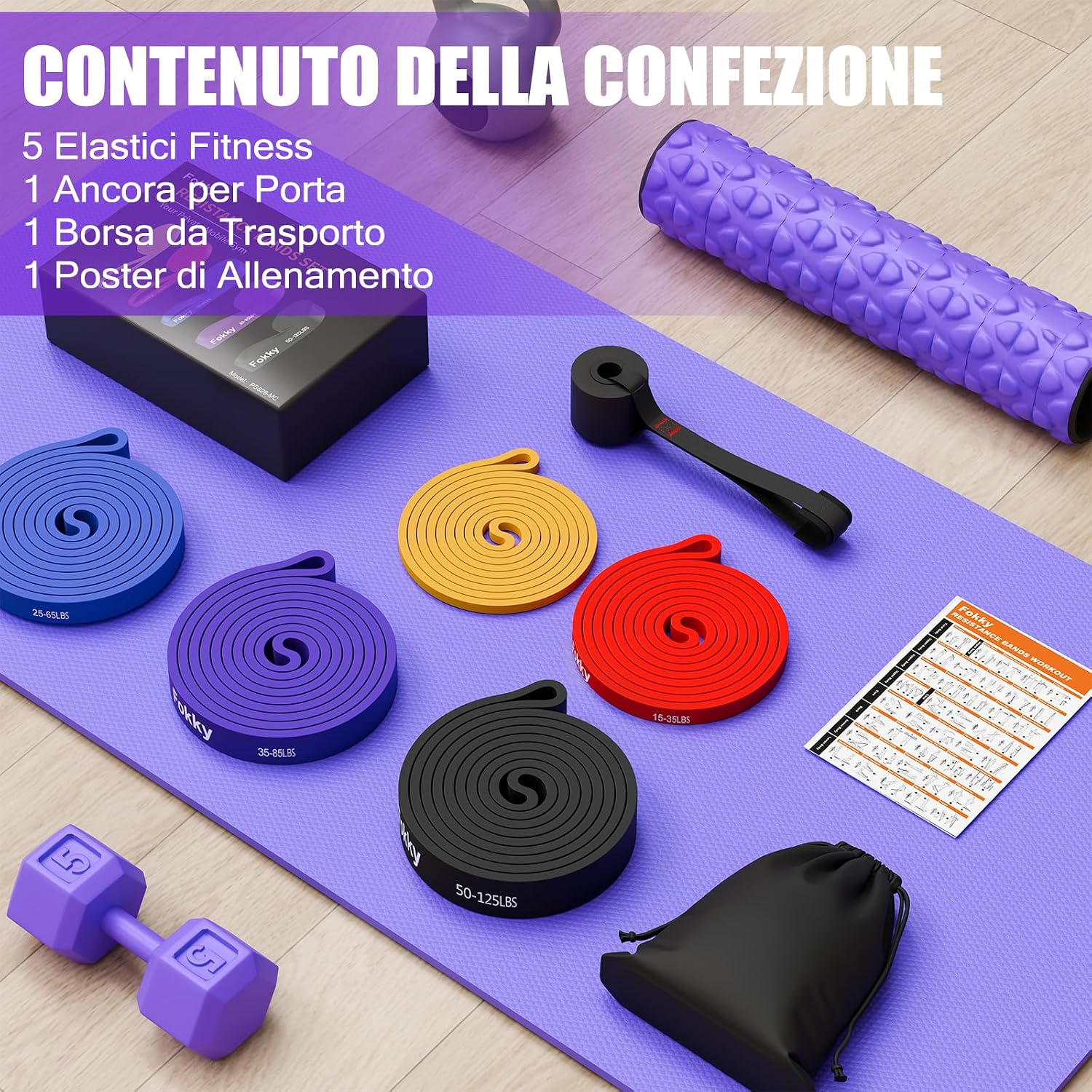 Detalle de Fokky Elastici Fitness 5 Livelli di Resistenza con Ancoraggio per Porta – Set completo per allenamento total body