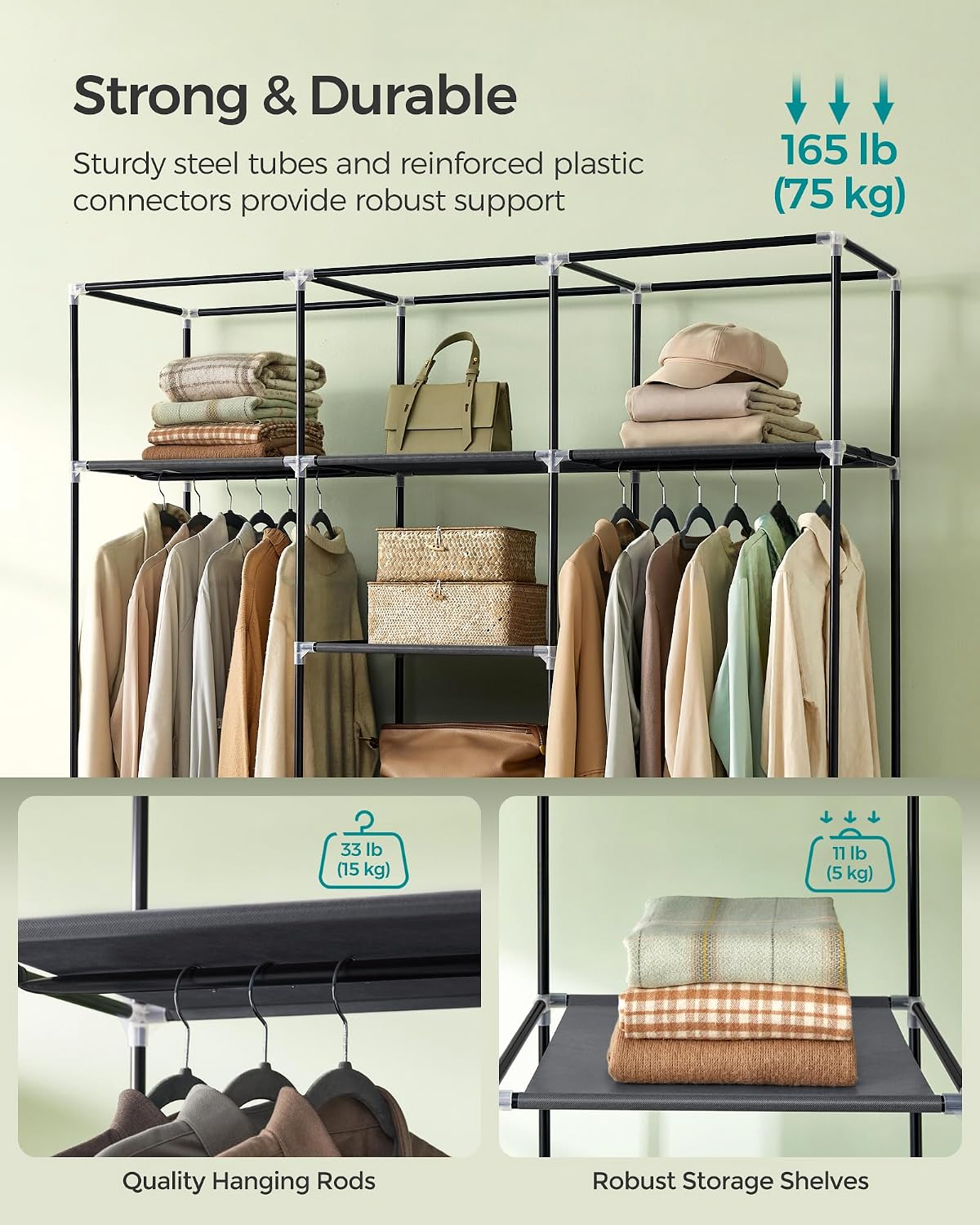 Detalle de SONGMICS RYG12G fabric wardrobe cupboard with hanging rails and shelves, 175 x 150 x 45 cm (grey)