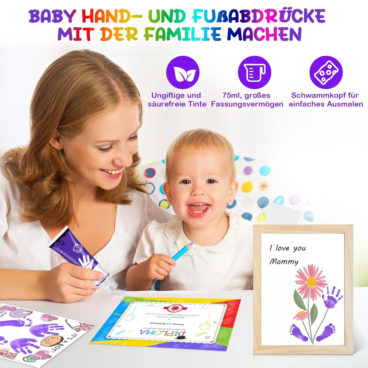 Detalle de TOGOU2S Fußabdruck Farbe Baby mit Schwammaufsatz – ungiftig, 75 ml, violett