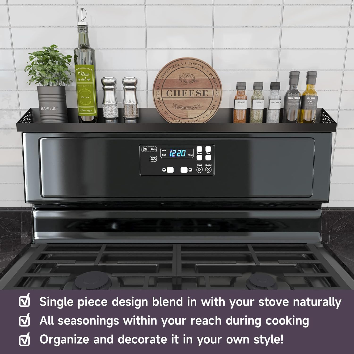 Detalle de STUTOV 30" Magnetic Stove Top Shelf — Black Spice Rack & Seasoning Organizer