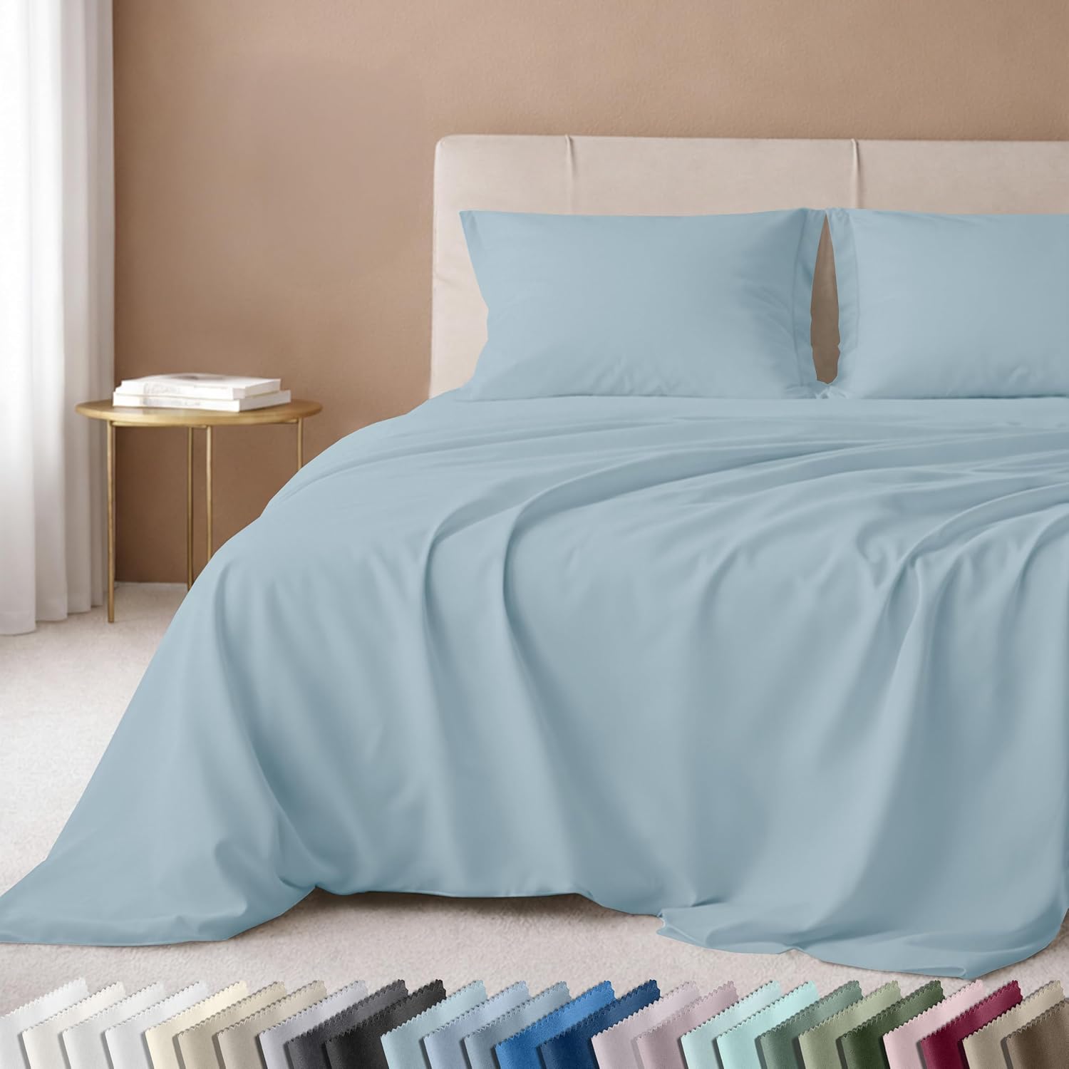 Detalle de California Design Den Full Size Sheets Set – 600 Thread Count Sateen, 100% Cotton, Deep Pockets, Sea Mist Blue