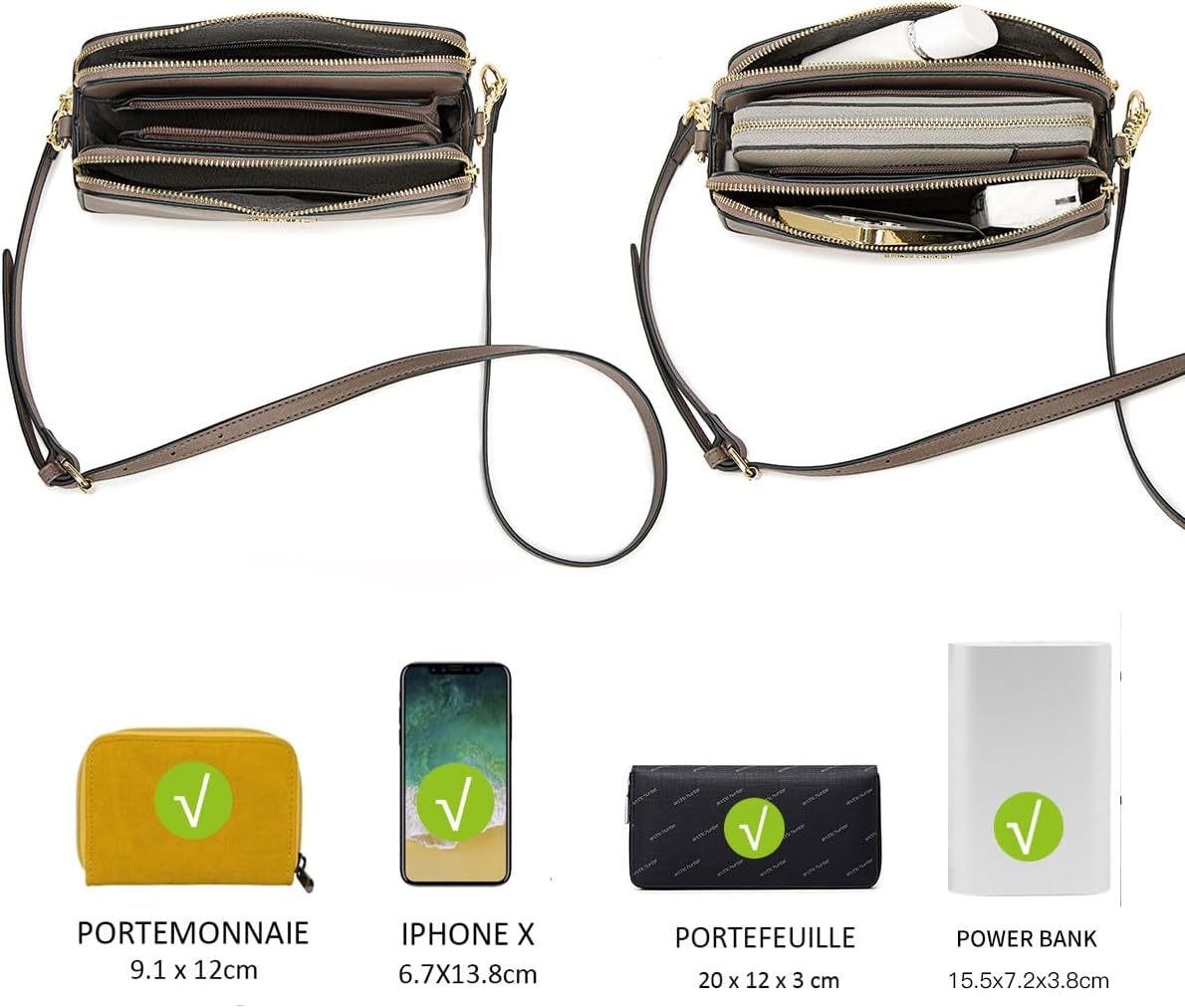 Thumbnail 5 de David Jones Petit sac bandoulière femme en cuir PU rigide avec chaînes — 3 compartiments marron taupe