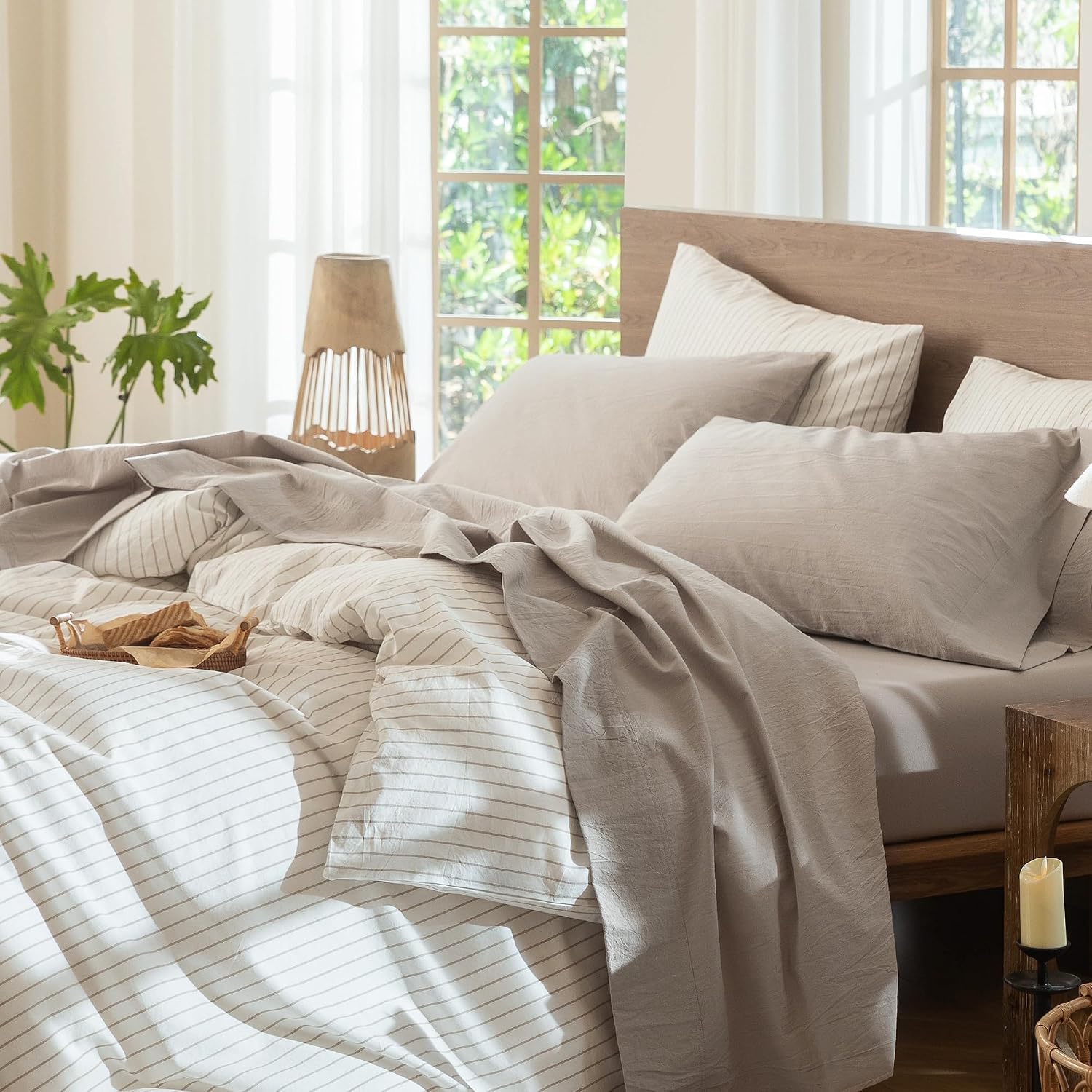 Detalle de MOOMEE MooMee 100% Washed Cotton Sheet Set (Queen, Heathered Cream Grey)