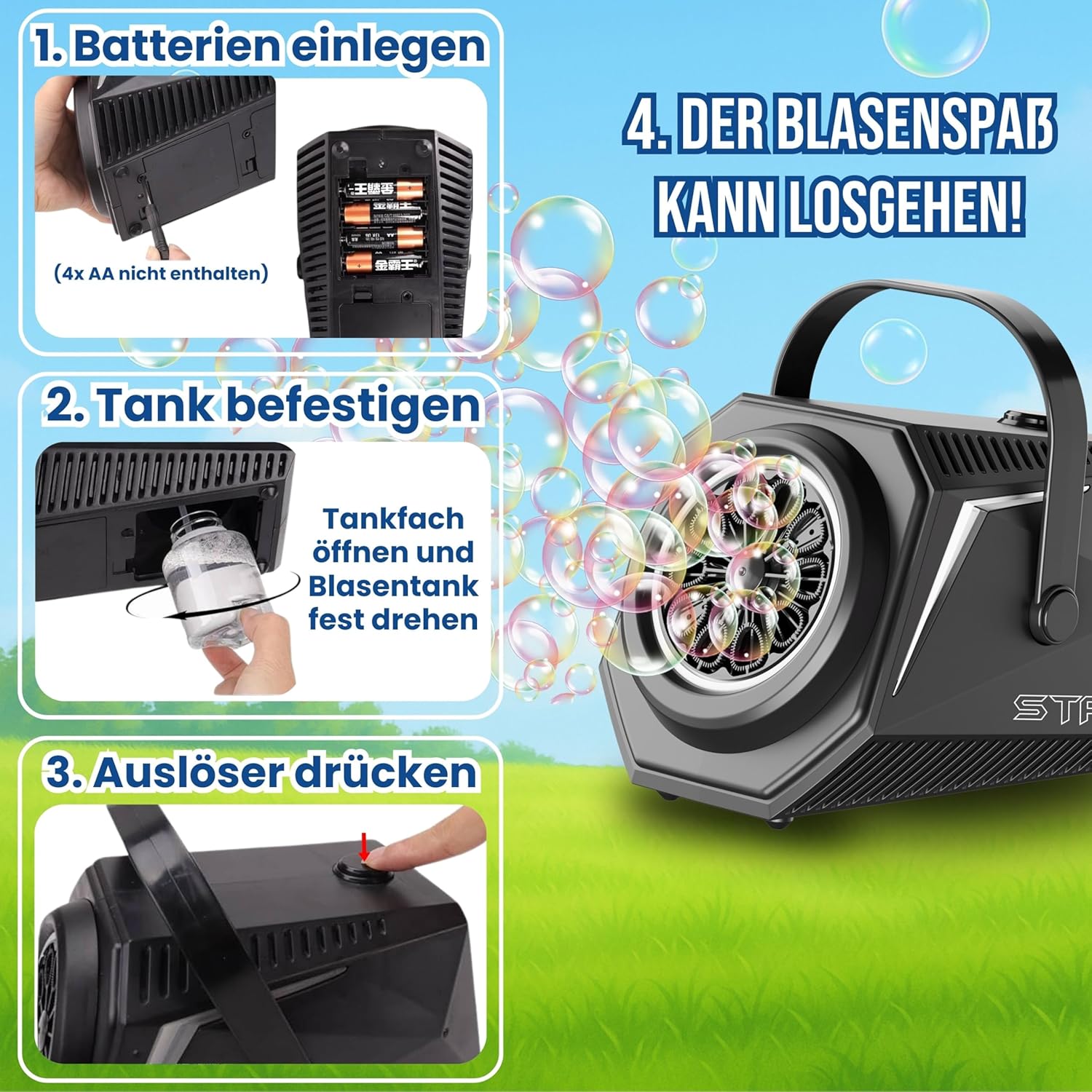 Detalle 2 de Blubbel LED Seifenblasenmaschine mit 1L Seifenblasenflüssigkeit – 10 Düsen, batteriebetrieben