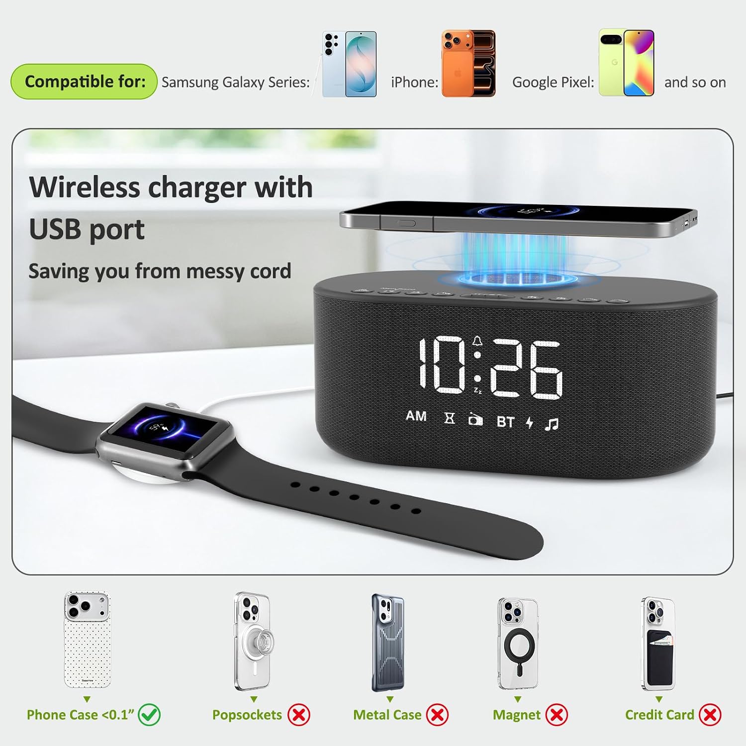 Detalle 2 de DreamSky DS2266 Alarm Clock Radio with Wireless Charging, FM Radio and Bluetooth