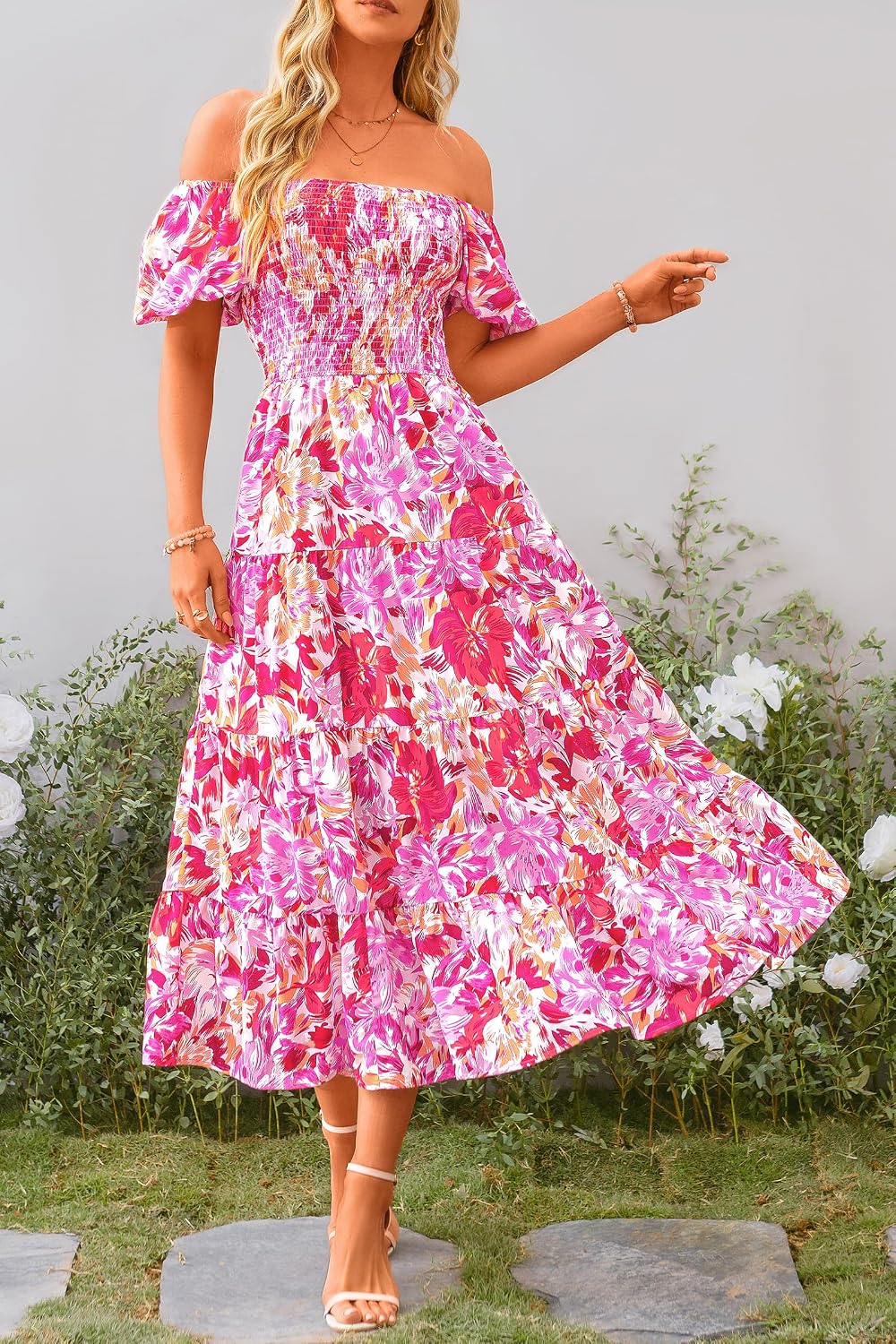 Thumbnail 6 de PRETTYGARDEN Women’s Casual Summer Midi Dress with Smocked Square Neck & Tiered Ruffles