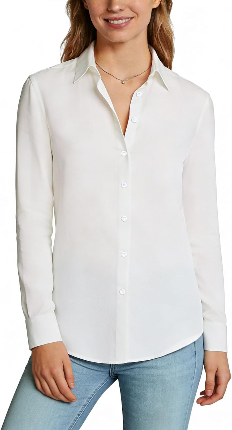 Detalle de BSBUY damesblouse met lange mouwen, wit, stretch en knoopsluiting