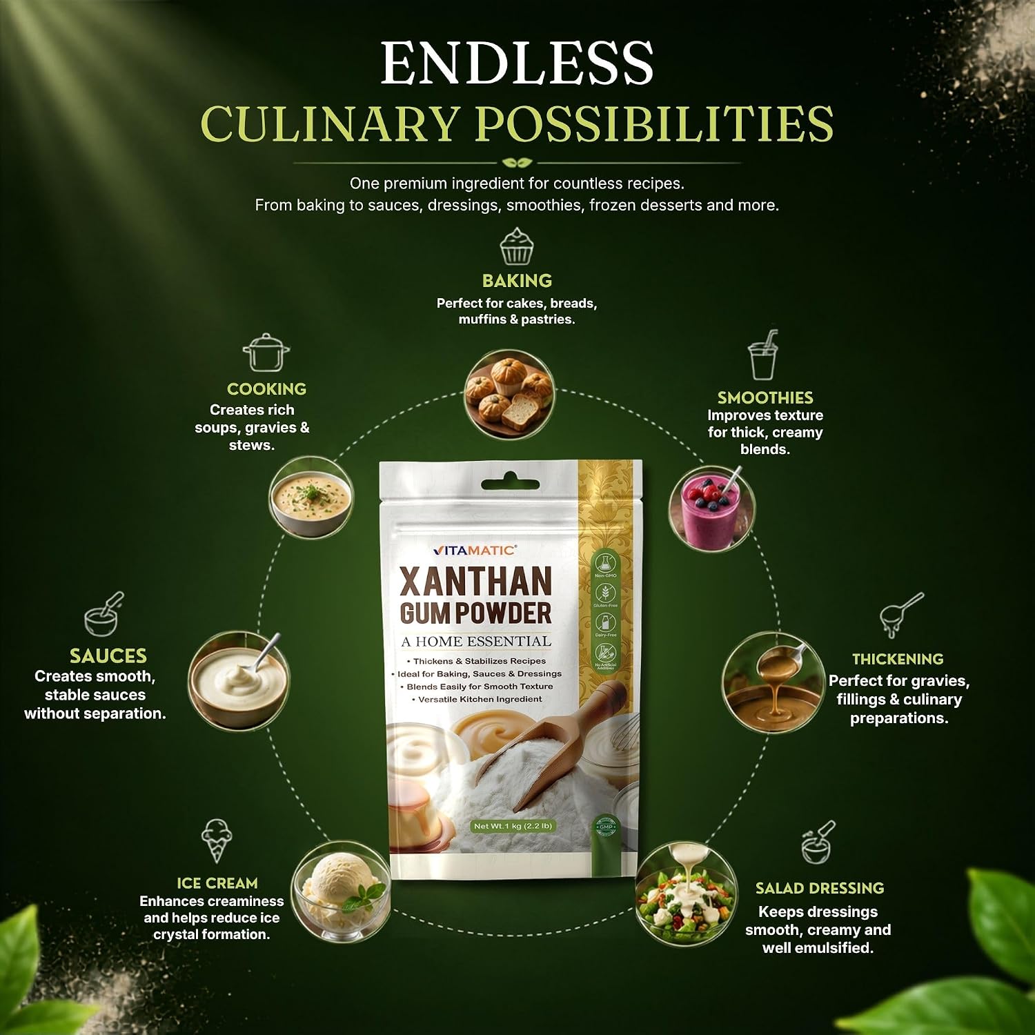 Detalle de Vitamatic Xanthan Gum Powder, 1 kg Gluten-Free Thickener for Baking & Sauces