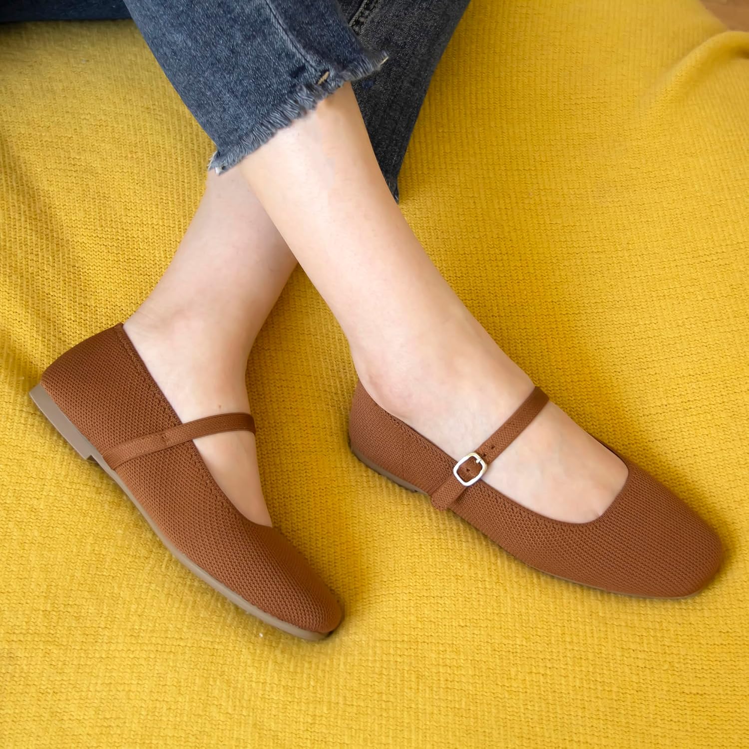Detalle 2 de Soesyi Knit Flats for Women: Square Toe with Adjustable Ankle Strap