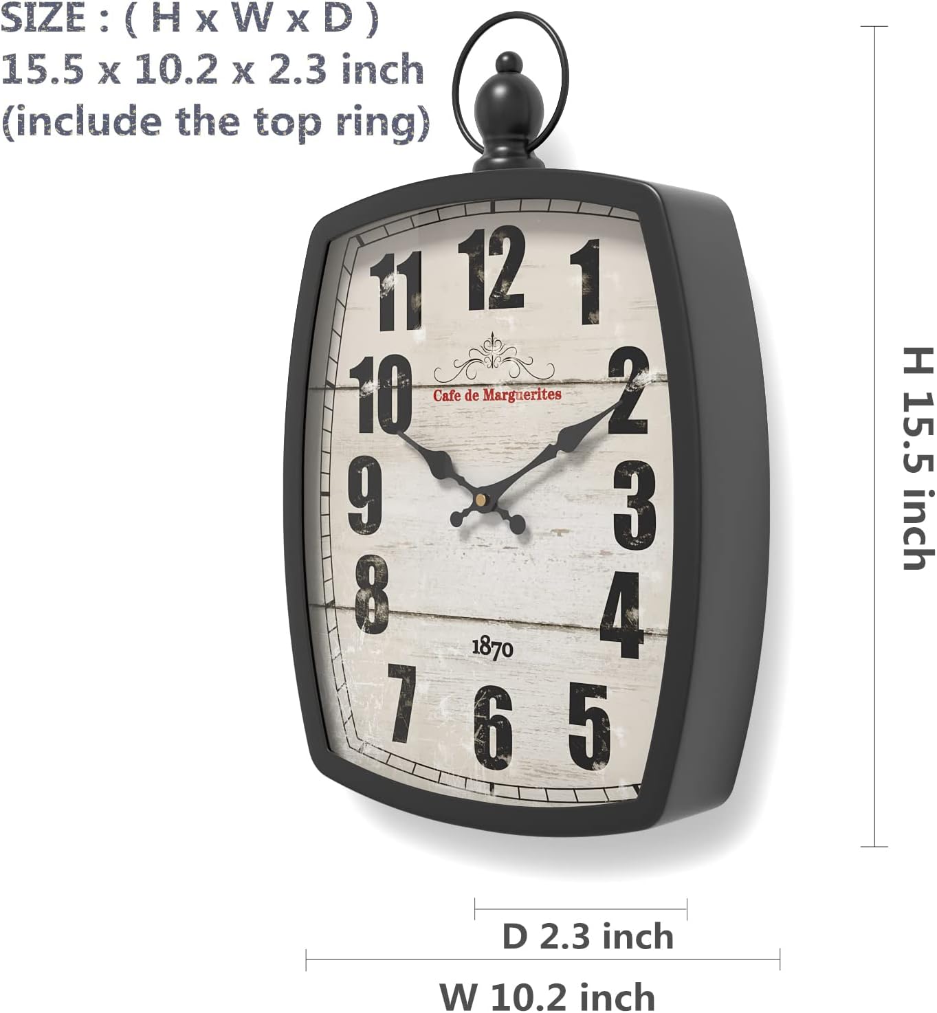 Detalle de Menterry prostokątny zegar ścienny retro 39,5 × 26 cm, cichy, na baterię