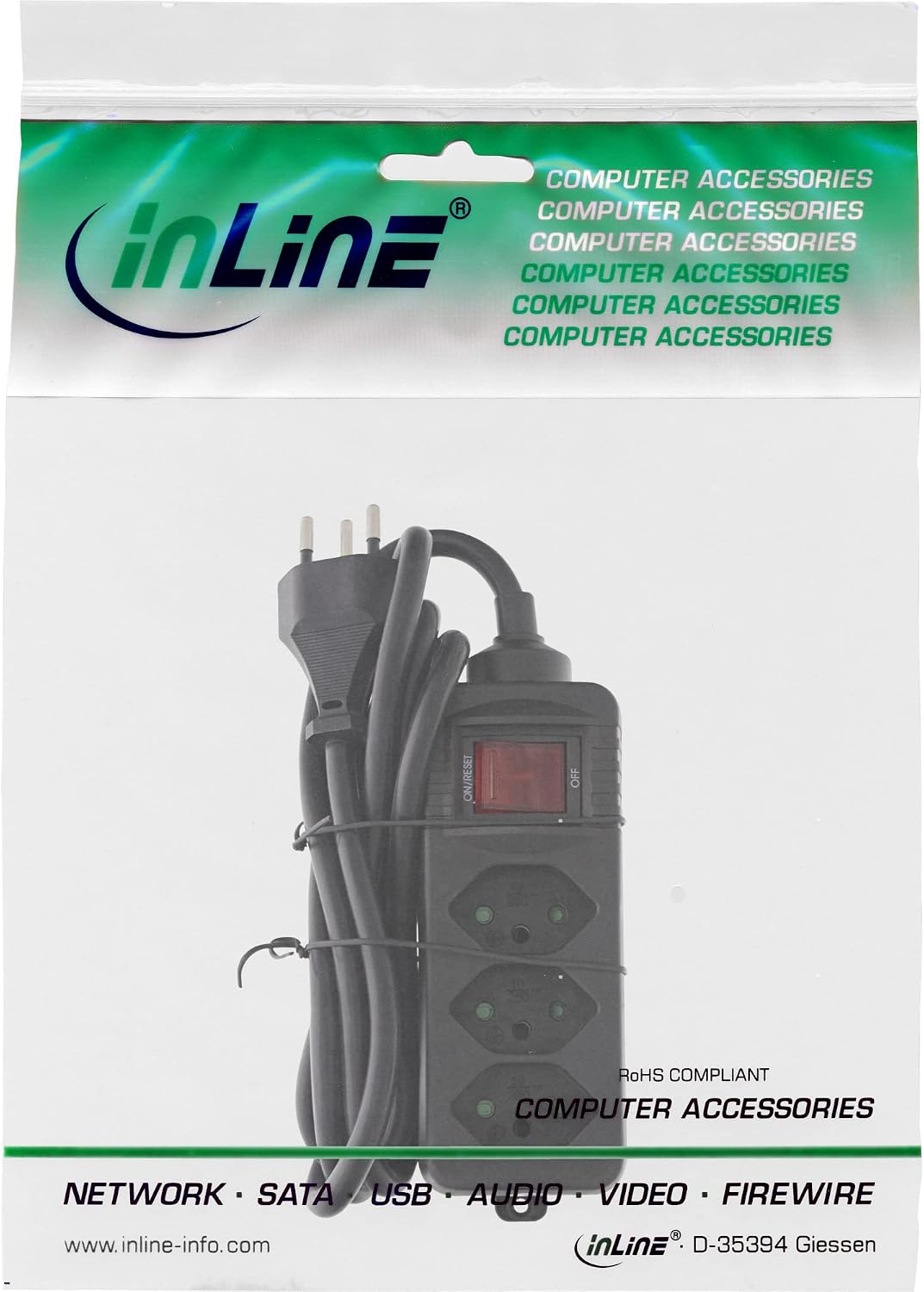 Detalle de Inline® Multiprise Suisse 3 Prises avec Interrupteur, 1,5 m, Noir
