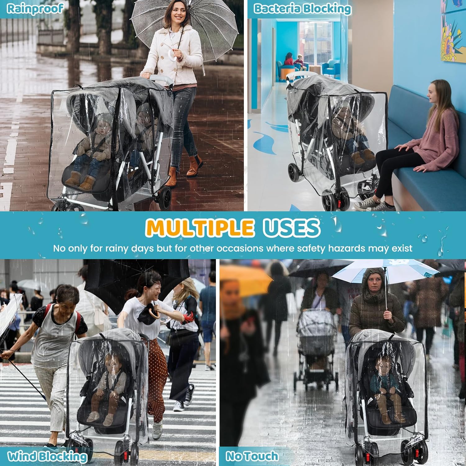 Thumbnail 6 de Orzbow Double Pram Rain Cover: Universal Protection for Twin Pushchairs