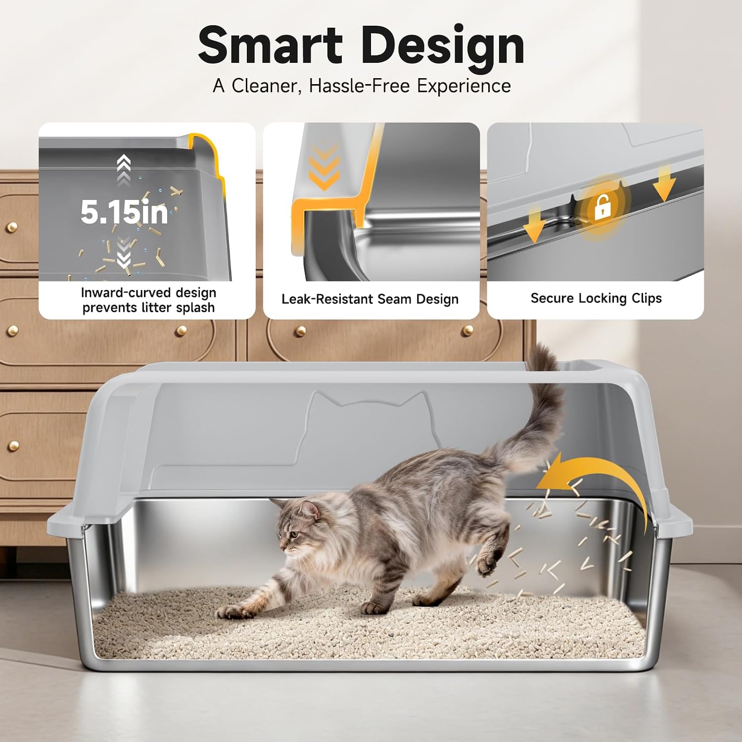 Detalle 2 de OneBug Stainless Steel XL Cat Litter Box with High-Sided Design