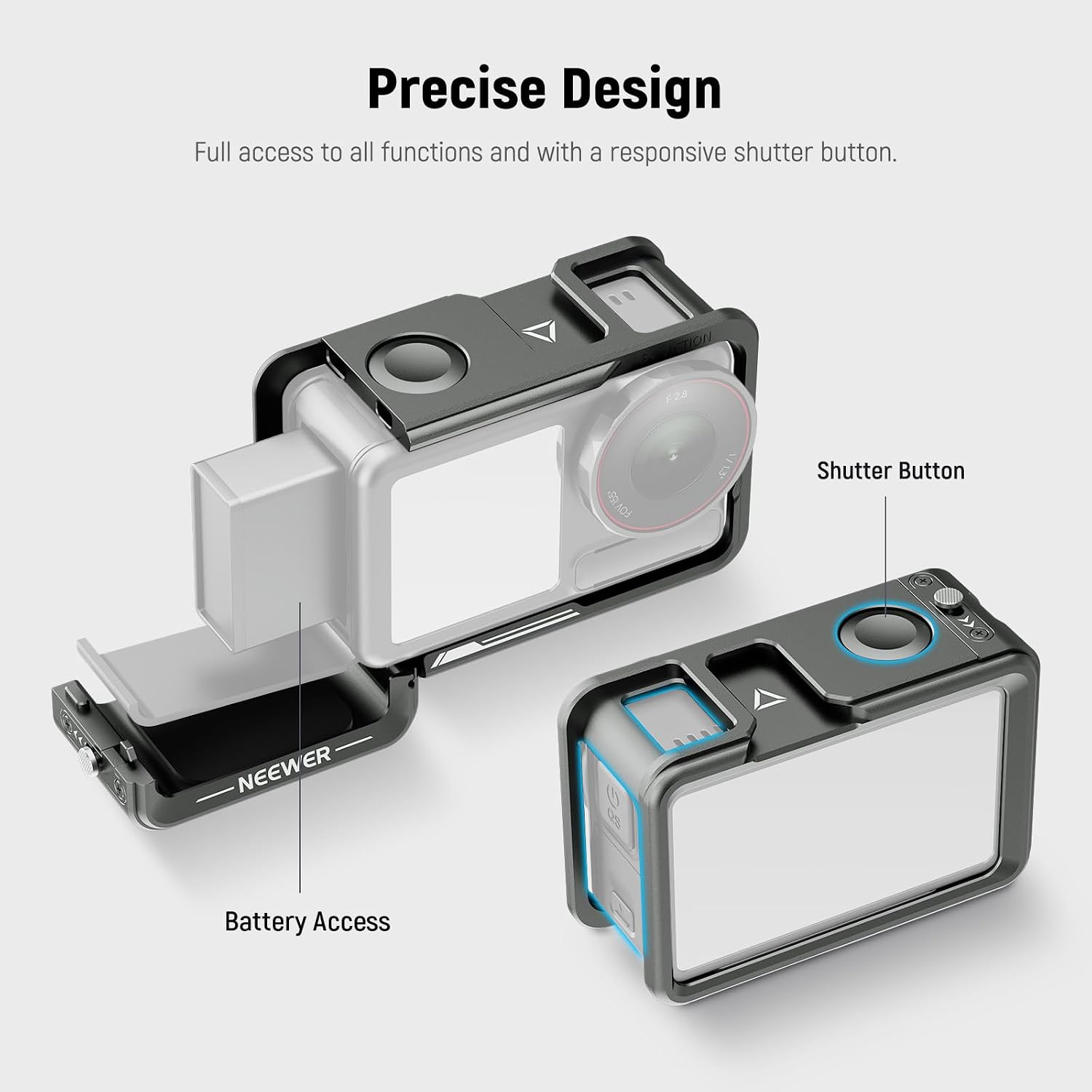 Detalle de NEEWER Käfig für DJI Osmo Action 5 Pro (AC014) – Schutzrig aus Aluminium mit Cold Shoe und 1/4-Zoll Gewinde