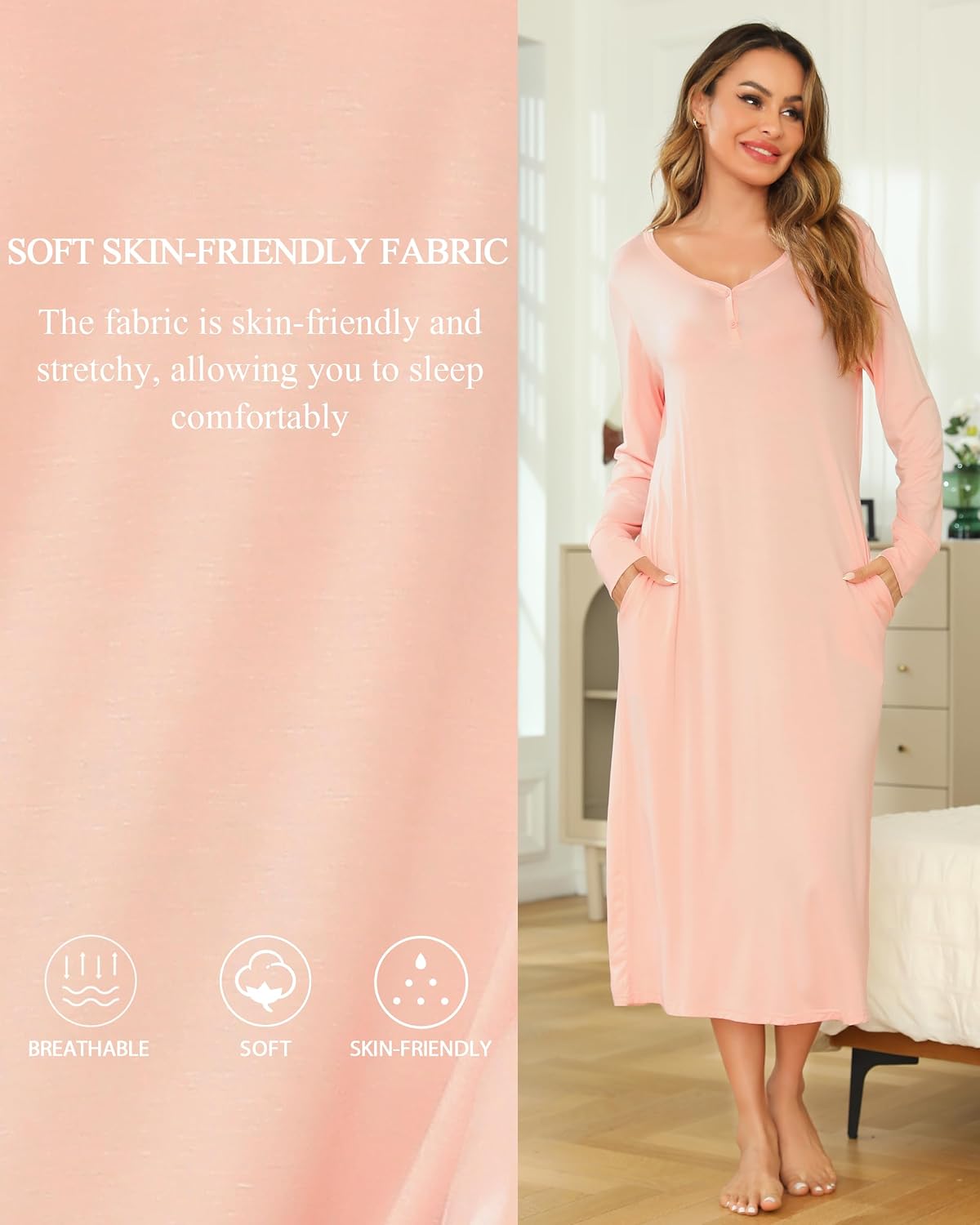 Thumbnail 1 de Vlazom Damen Nachthemd Langarm mit V-Ausschnitt – weiches Schlafkleid, Spitzenbesatz, elastisch