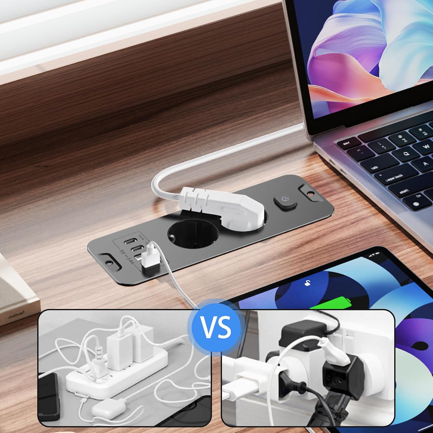 Detalle de Versenkbare Steckdose 2-Fach mit USB-C/USB-A – Einbau-Steckdosenleiste für Tischplatten