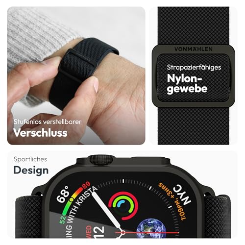 Detalle de VONMÄHLEN Classic Nylon Loop: Robustes Armband für Apple Watch 40/41/42 mm – All Black