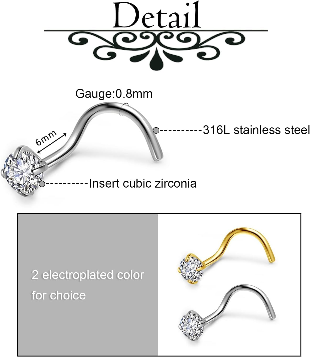 Detalle de PiercingJ 2PCS anneau boucle de nez septum en acier inoxydable et zircon (3 mm)