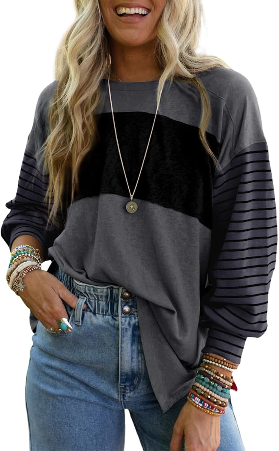 Thumbnail 5 de Dokotoo Damen Langarmshirt mit Rundhalsausschnitt – gestreiftes Sweatshirt im Colorblocking-Design (S–2XL)