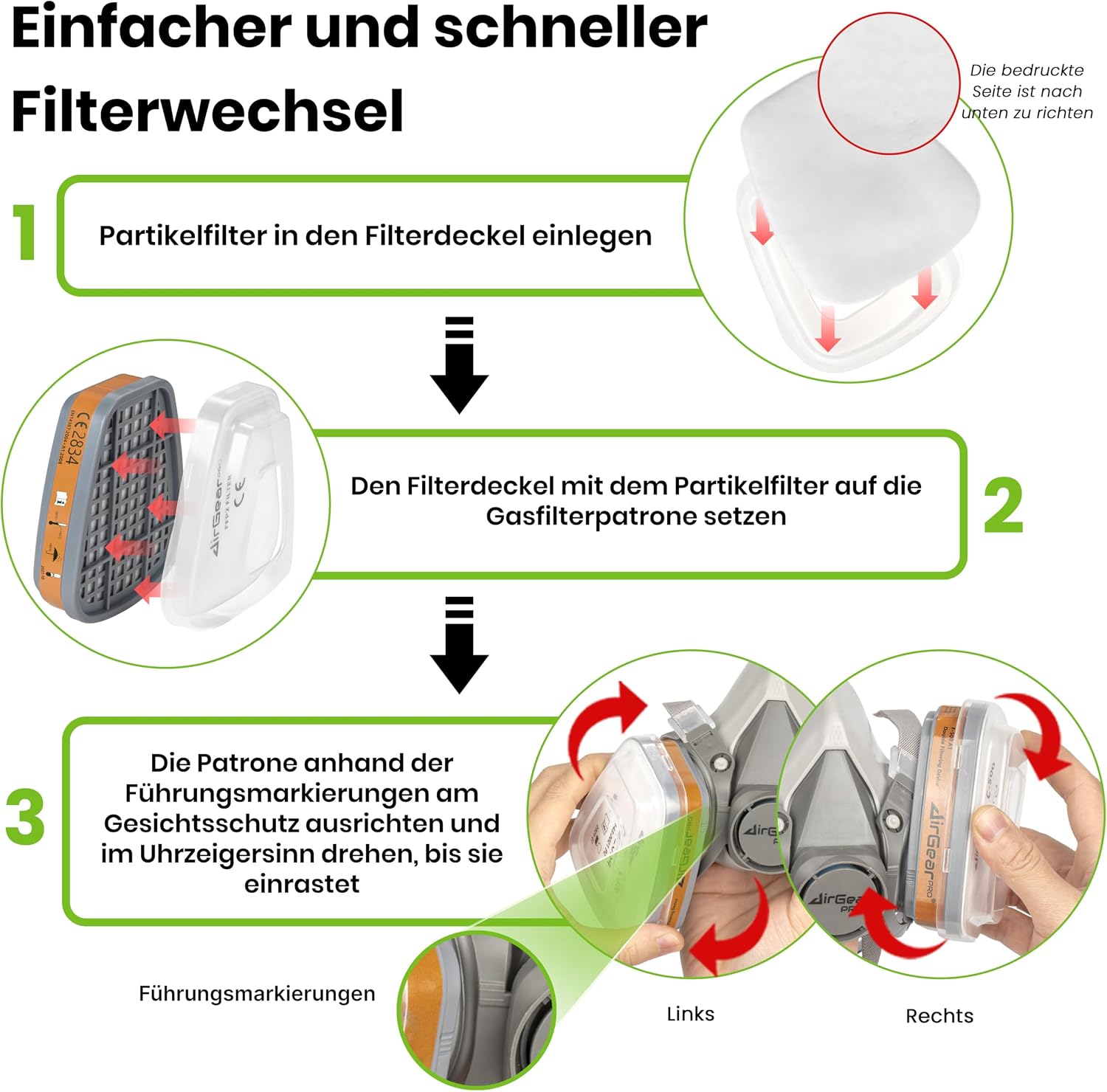 Detalle de AirGearPro G-500 Atemschutzmaske mit A1P2 Filter – Wiederverwendbare Halbmaske mit Gas- und Staubfilterung