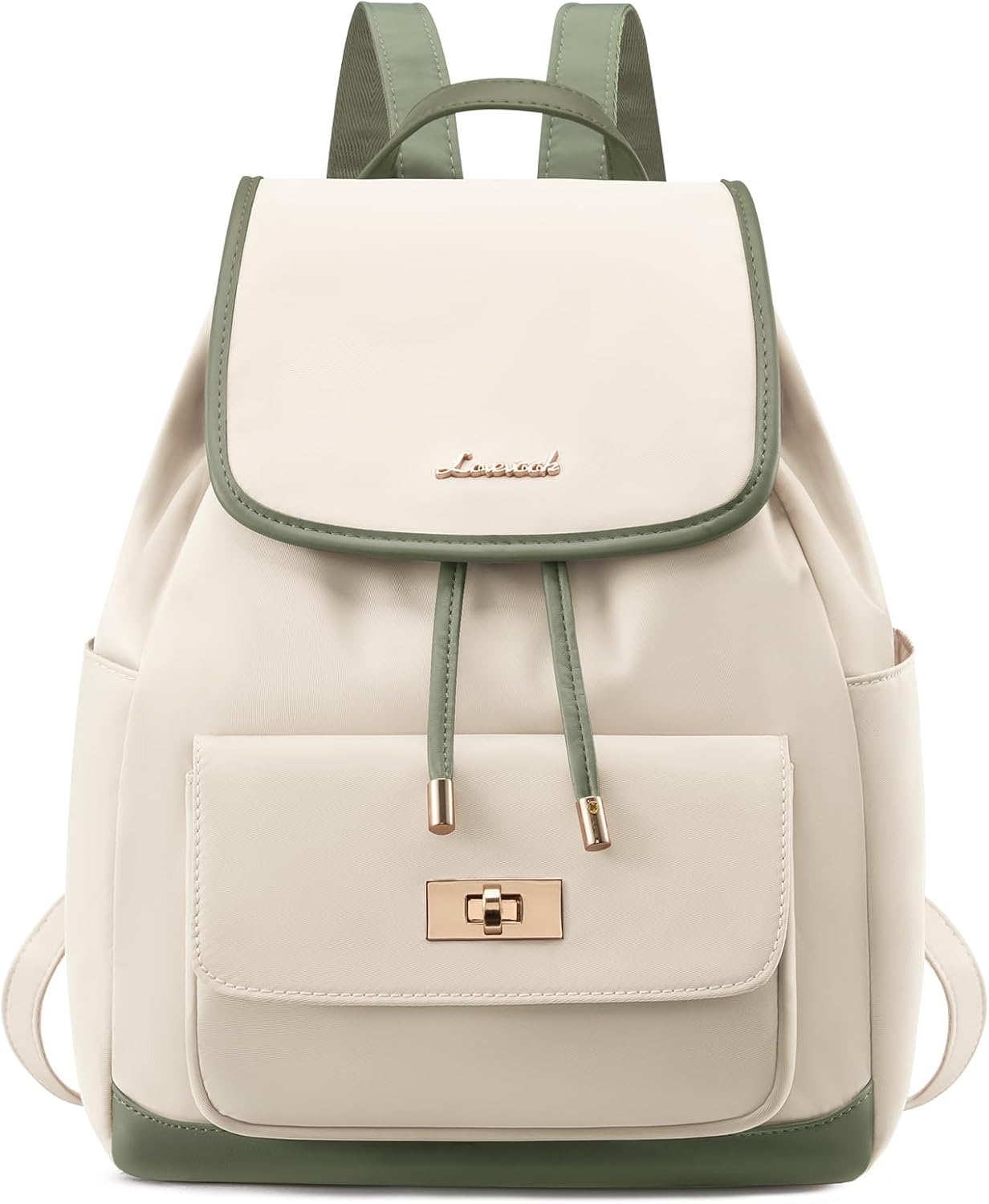 Detalle de LOVEVOOK Damen-Rucksack klein mit 11-Zoll-Fach und seitlicher Wasserflaschentasche – beige-grün