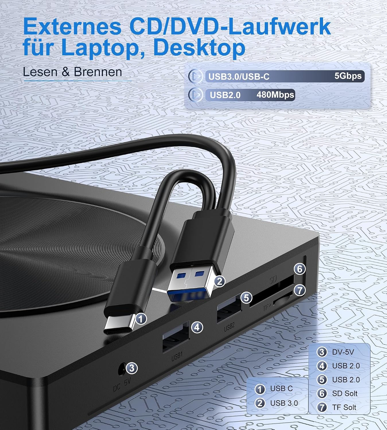 Detalle de Externes CD/DVD-Laufwerk USB 3.0 (Typ-C) mit SD/TF-Kartenleser und 2× USB-A – portable RW für Laptop & Desktop