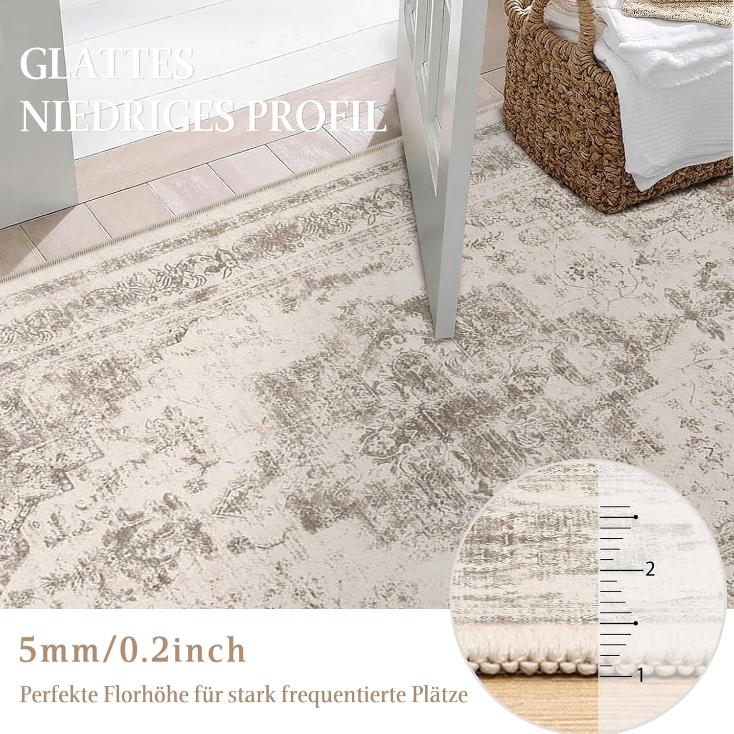 Detalle 2 de HUGEAR Vintage waschbarer Teppich 300x400 kurzflor in Beige – rutschfest für Wohnzimmer & Schlafzimmer