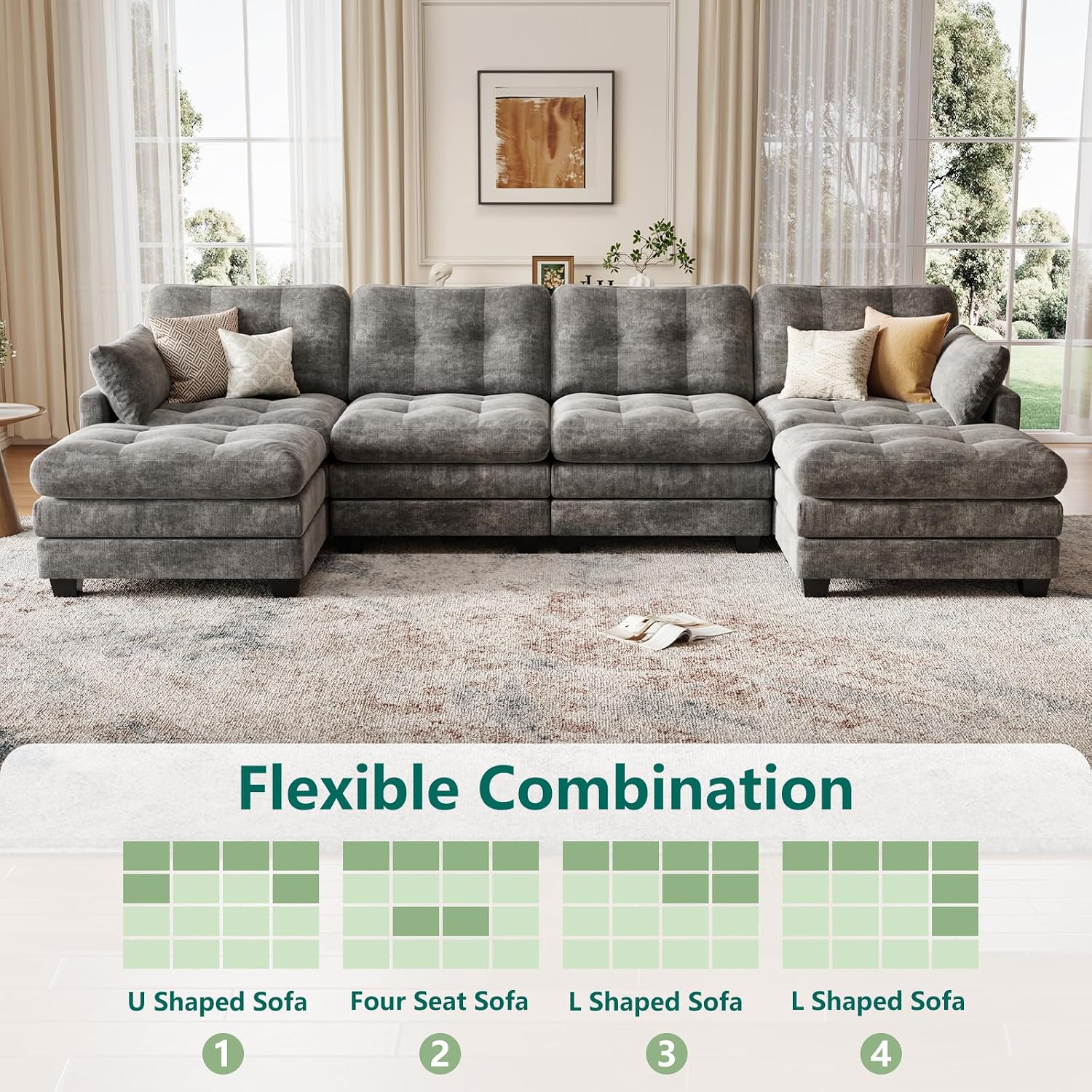 Detalle de OhaiAura Couch Modular Sectional Sofa, U-Shaped Tufted, Dark Gray Chenille