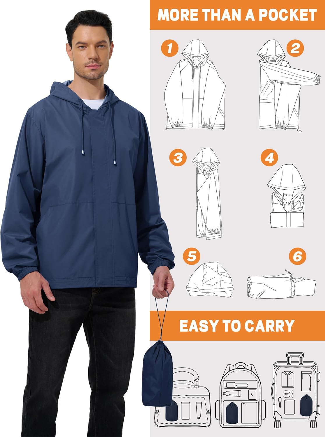 Detalle de UIQUR Men's Rain Jacket Waterproof Windbreaker – Lightweight Packable Raincoat