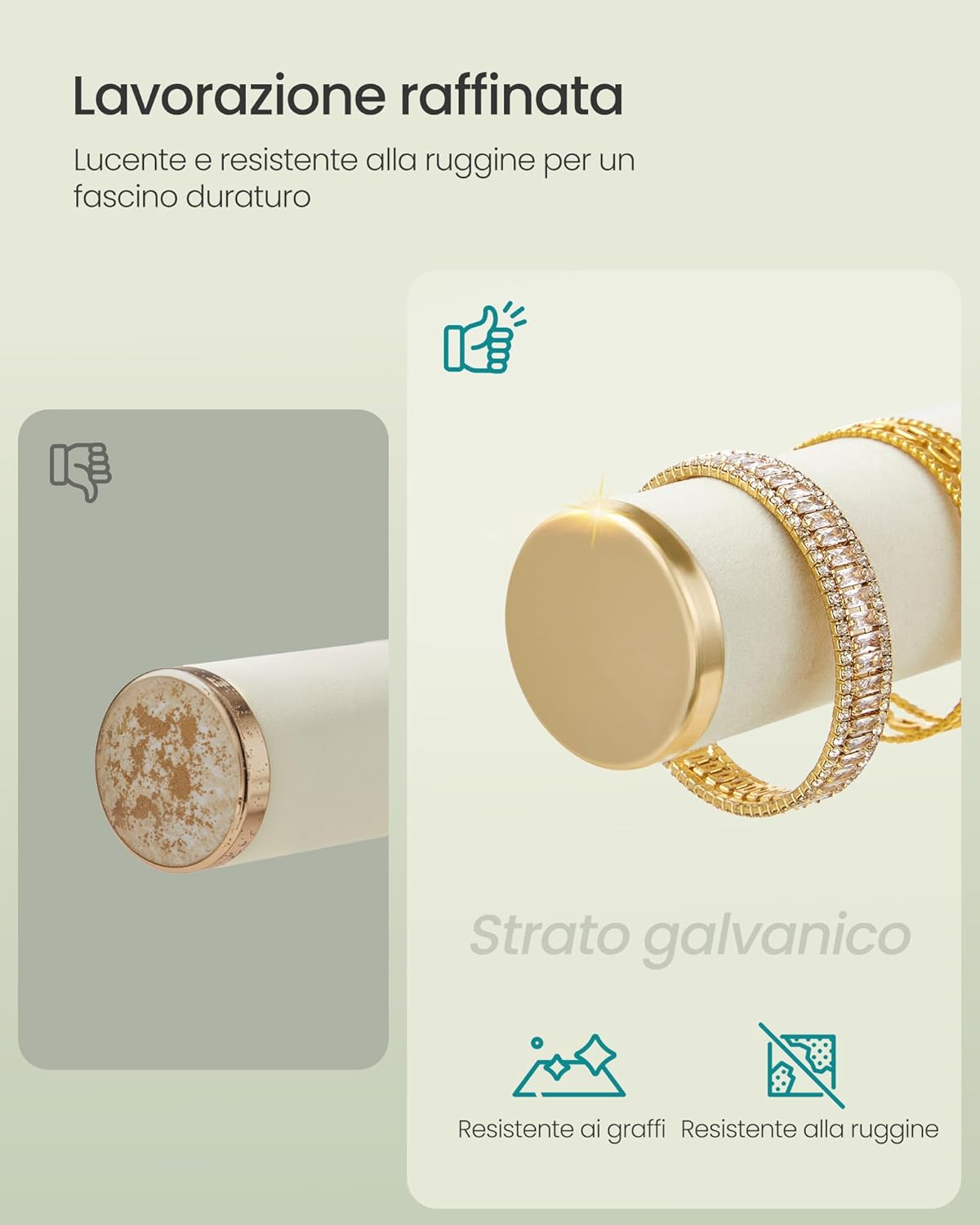 Detalle de SONGMICS Porta Bracciali JJS046W101: Porta Gioielli con 2 supporti per braccialetti, porta orecchini, vassoio velluto e portaanelli rimovibile