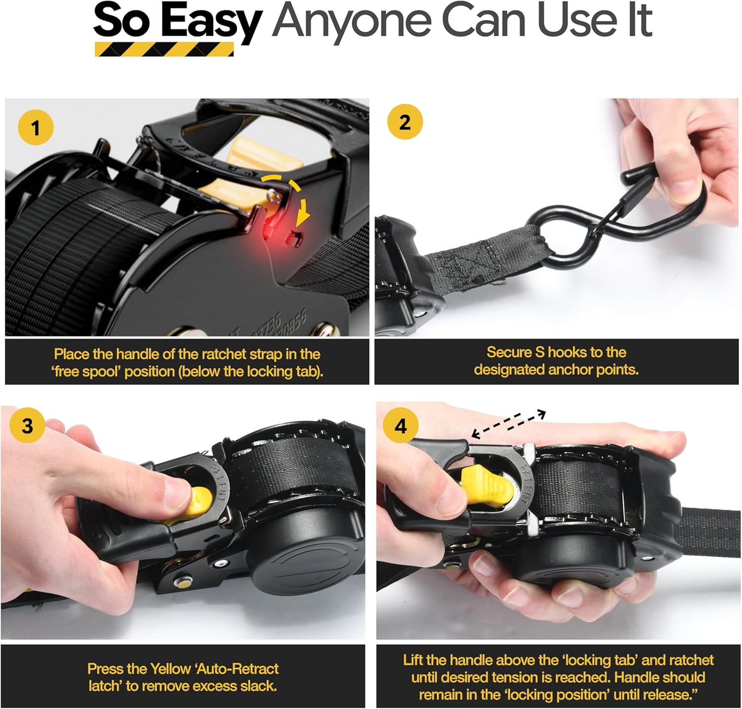 Thumbnail 4 de AUGO Retractable Ratchet Straps — 4-Pack, 1" x 10’, 1200 lb Break Strength with Soft Loops & Storage Bag