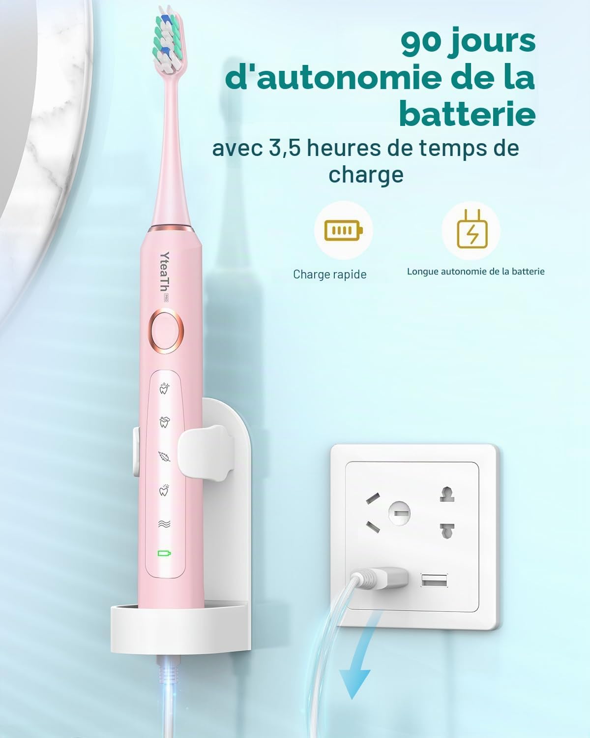 Detalle de Brosse à dents électrique sonique pour dents sensibles (adultes & enfants) Rose Bonbon — 5 modes, 8 têtes et étui de voyage, IPX7