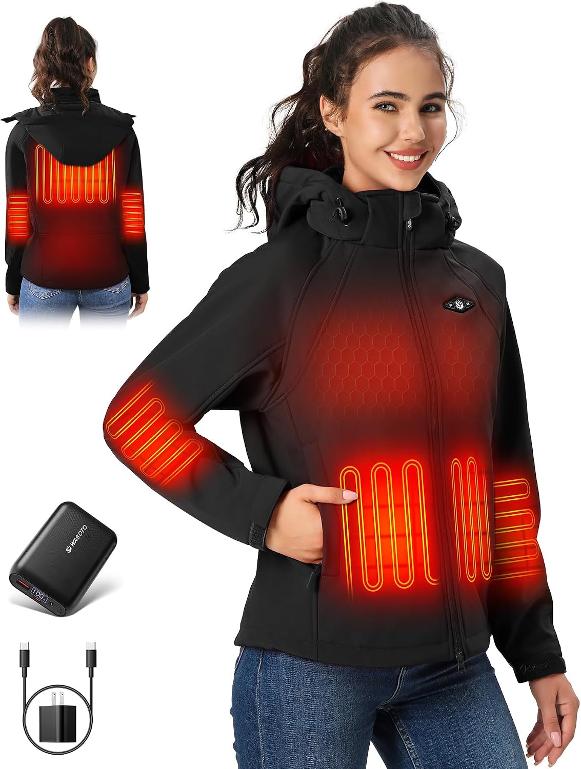Detalle de WASOTO Women's Heated Jacket with 18400 mAh Battery