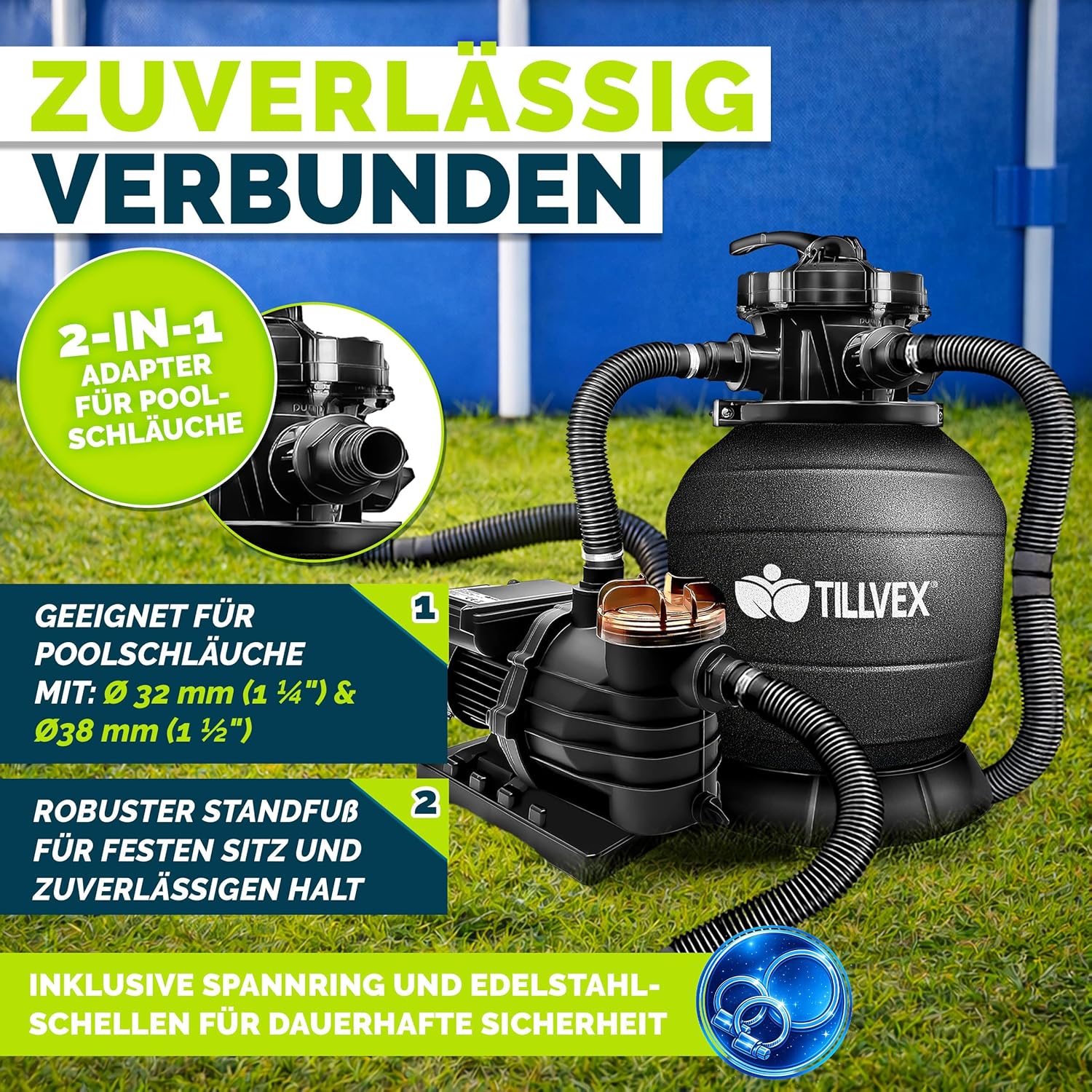 Thumbnail 4 de tillvex® Sandfilteranlage Pool 13.200 L/h bis 40.000 L mit 7-Wege-Ventil & 2in1 Adapter (Schwarz)