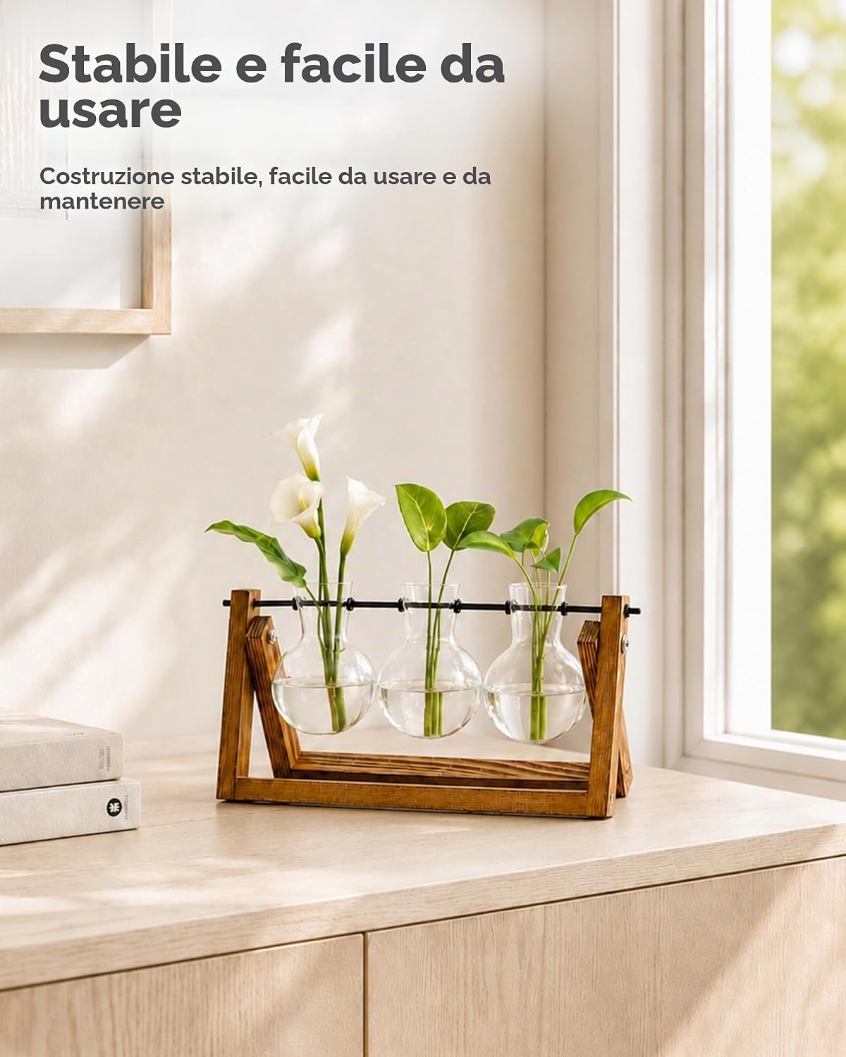 Detalle de Bamworld Stazione di Propagazione delle Piante Idroponiche con Supporto in Legno: 3 Vasi in Vetrografia per piante acquatiche e decorazione