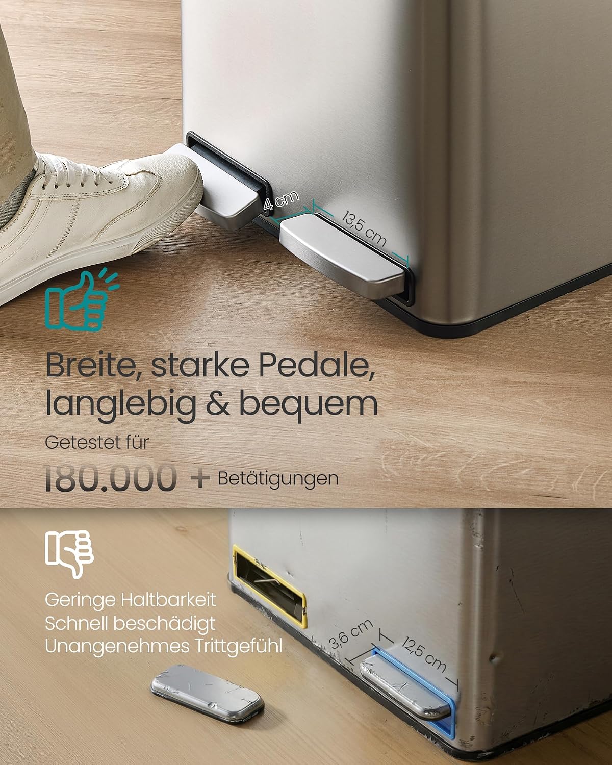 Detalle de SONGMICS Mülleimer Küche LTB130EZ01 – 2 x 15 L, Mülltrennsystem, Softclose, Edelstahl