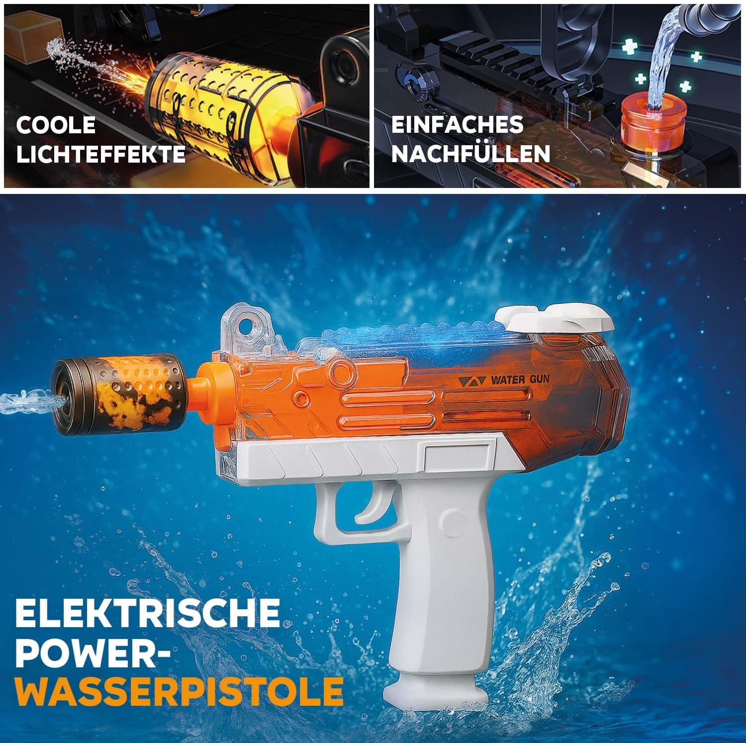 Thumbnail 2 de Festicy Elektrische Wasserpistole mit Licht – Uzi-Design, 200 ml, bis 7 m Reichweite