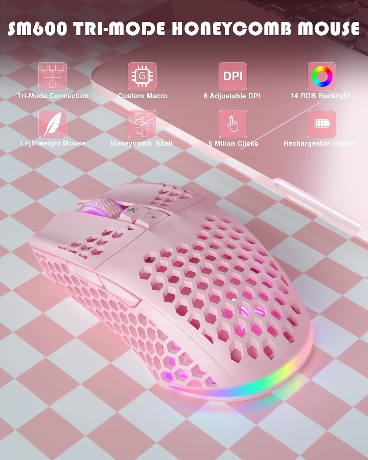Detalle 2 de SOLAKAKA SM600 Wireless Gaming Mouse, 7 Programmable Buttons and Honeycomb Shell
