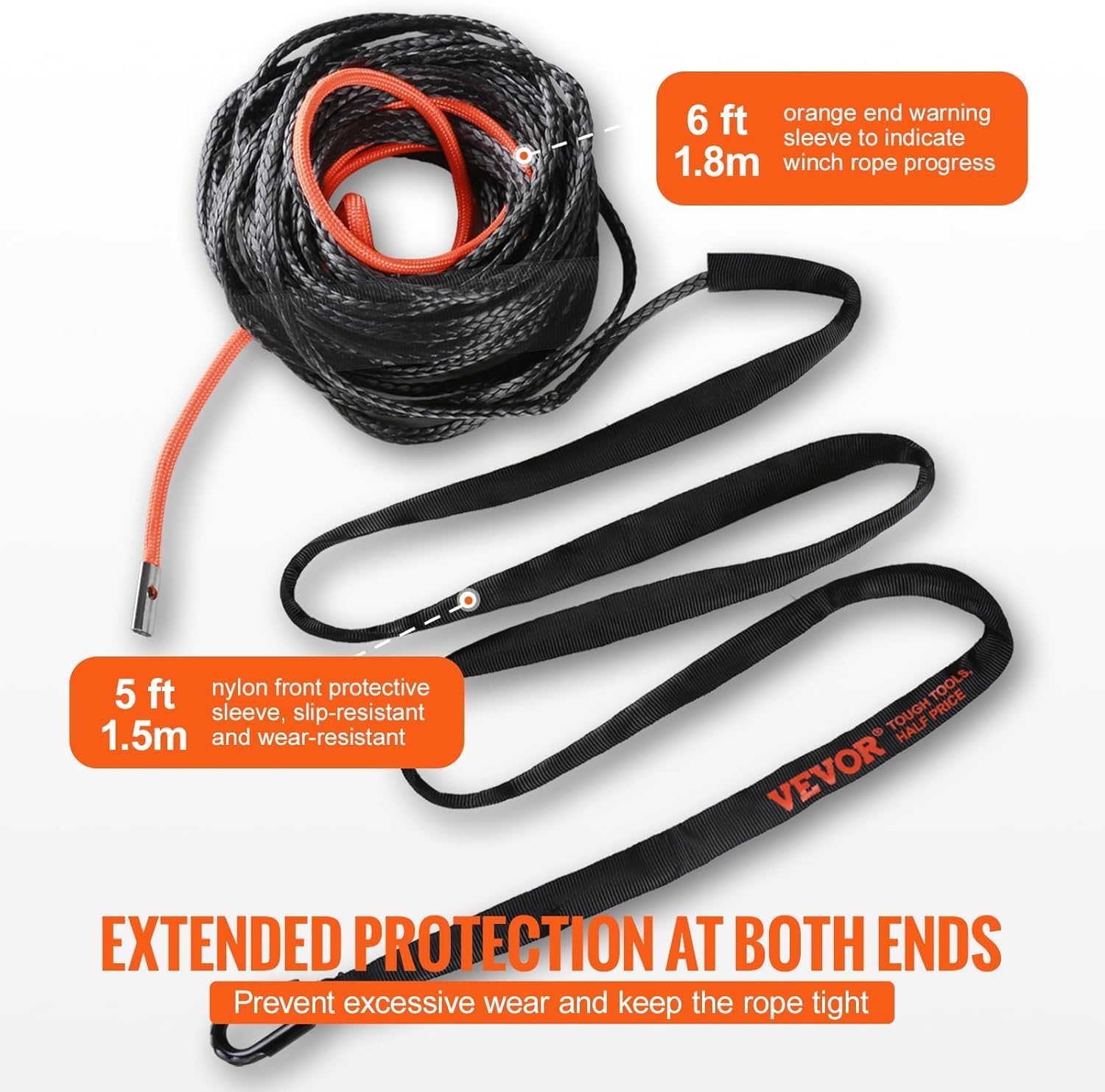 Thumbnail 3 de VEVOR 3/8 in x 100 ft Synthetic Winch Rope with Protective Sleeve, Hook & Pull Strap — 26,500 lbs Break Strength