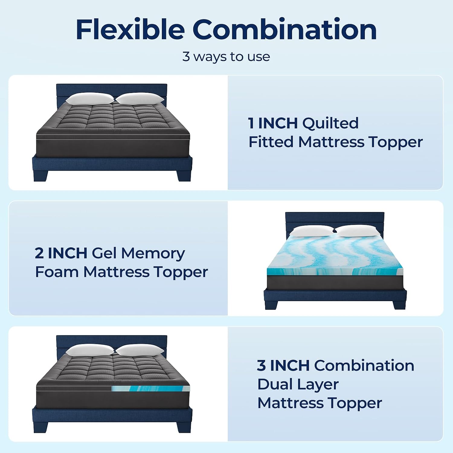 Detalle 1 de PATSBA Dual-Layer Memory Foam Mattress Topper, Queen, Gel Foam & Quilted Pillow Top