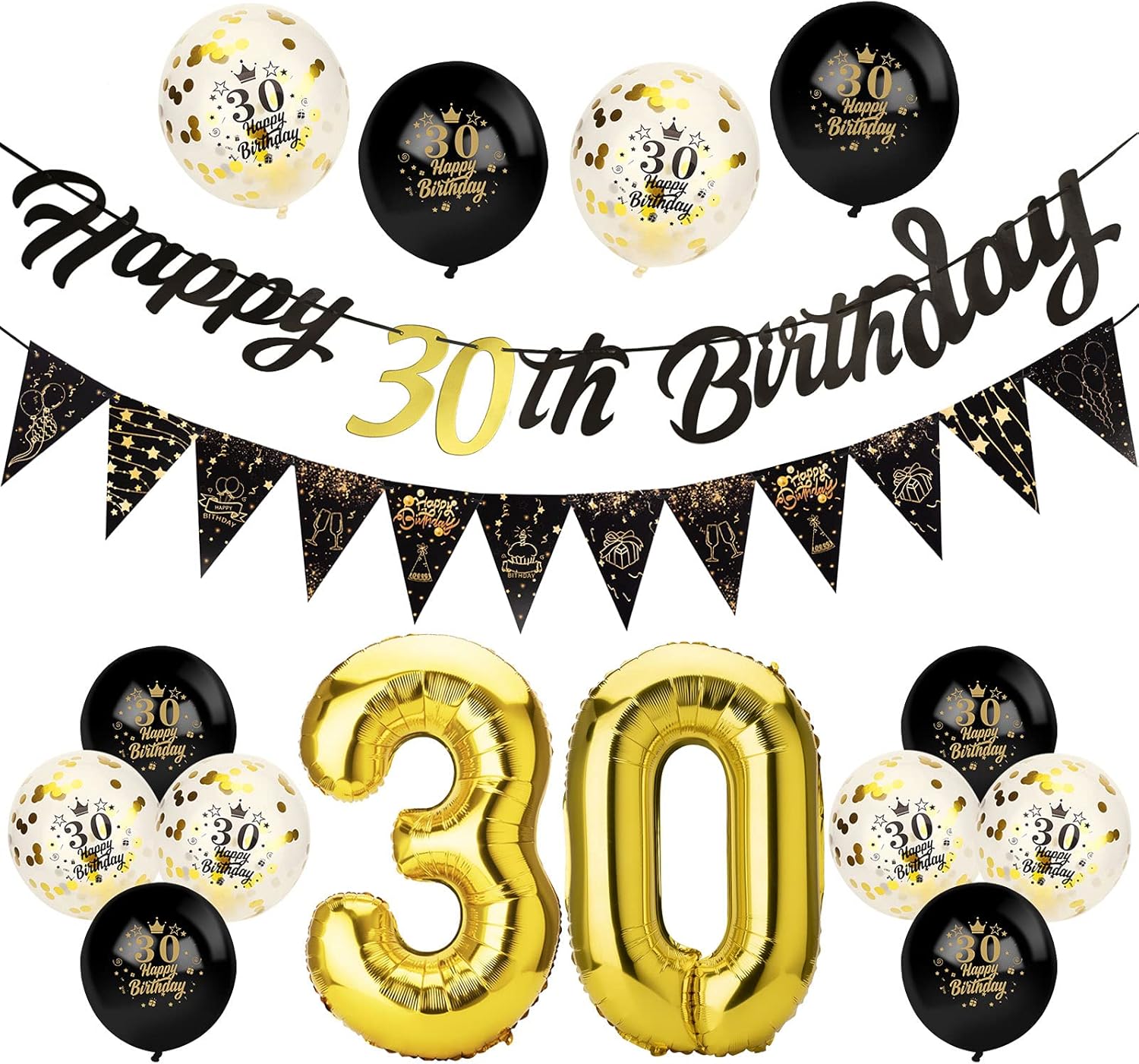 Detalle de Afirbeone 30th Birthday Decorations Set – Black & Gold Party Kit