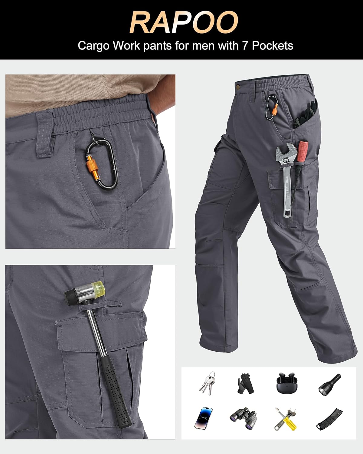 Detalle de Rapoo Cargohose Herren Outdoor Workwear – Ripstop-Taktische Hose mit 7 Taschen